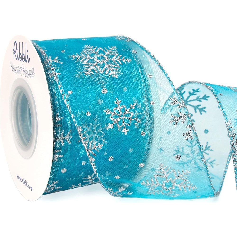 Ribbli Snowflake Glitter Wired Ribbon,Turquoise Blue Organza Sheer with Silver Glitter Snowflake Pattern and Silver Metallic Edge,2-1/2 Inch x 10 Yards Christmas Ribbon for Tree Decoration(Turquoise/Silver)