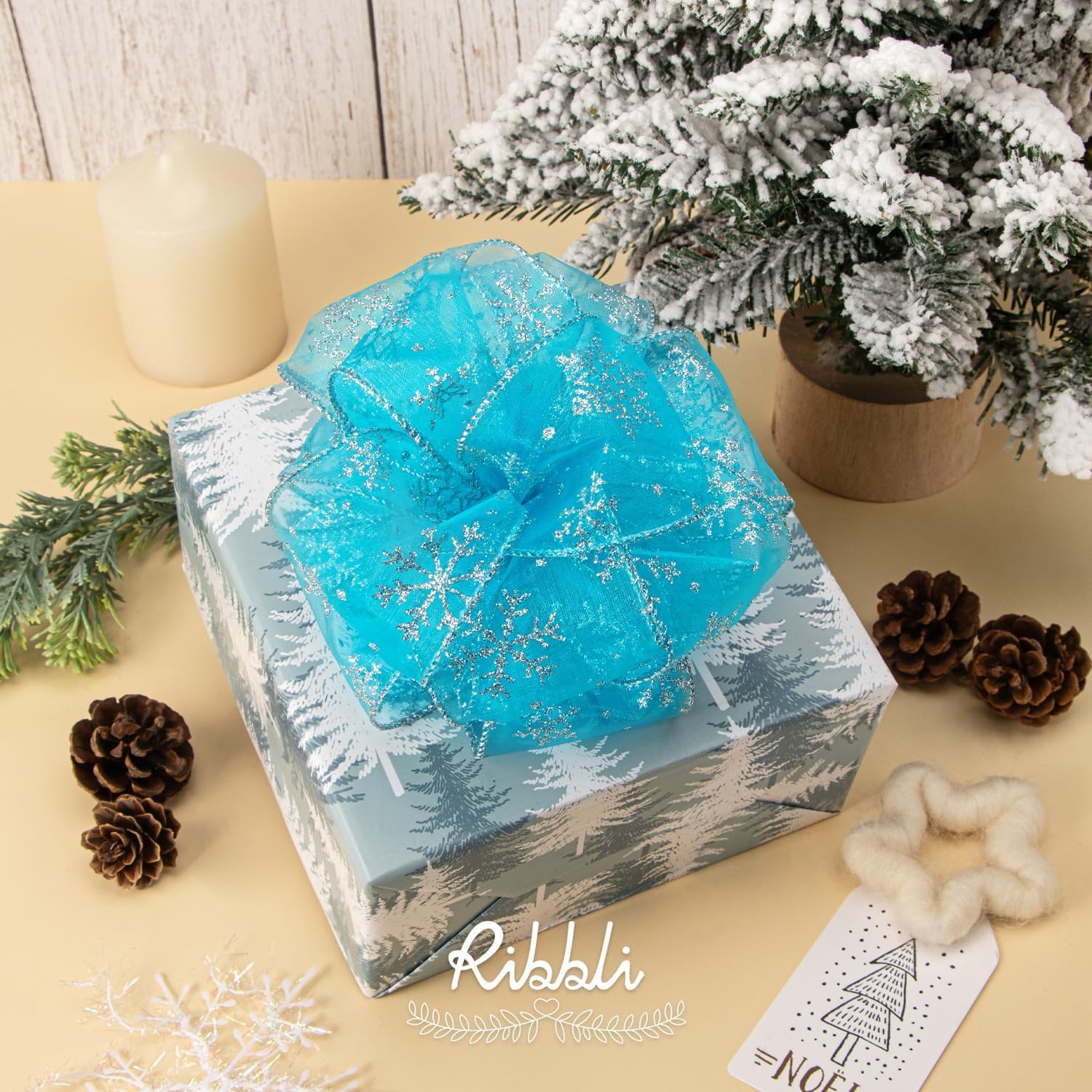 Ribbli Snowflake Glitter Wired Ribbon,Turquoise Blue Organza Sheer with Silver Glitter Snowflake Pattern and Silver Metallic Edge,2-1/2 Inch x 10 Yards Christmas Ribbon for Tree Decoration(Turquoise/Silver)