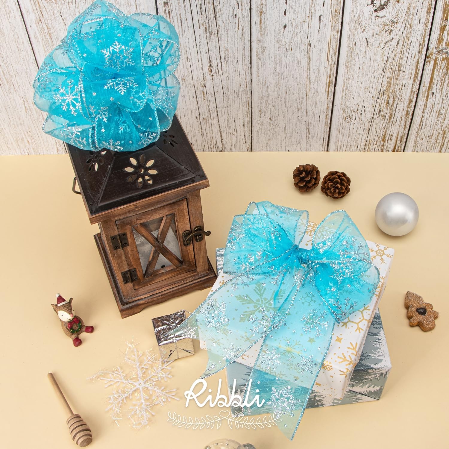 Ribbli Snowflake Glitter Wired Ribbon,Turquoise Blue Organza Sheer with Silver Glitter Snowflake Pattern and Silver Metallic Edge,2-1/2 Inch x 10 Yards Christmas Ribbon for Tree Decoration(Turquoise/Silver)