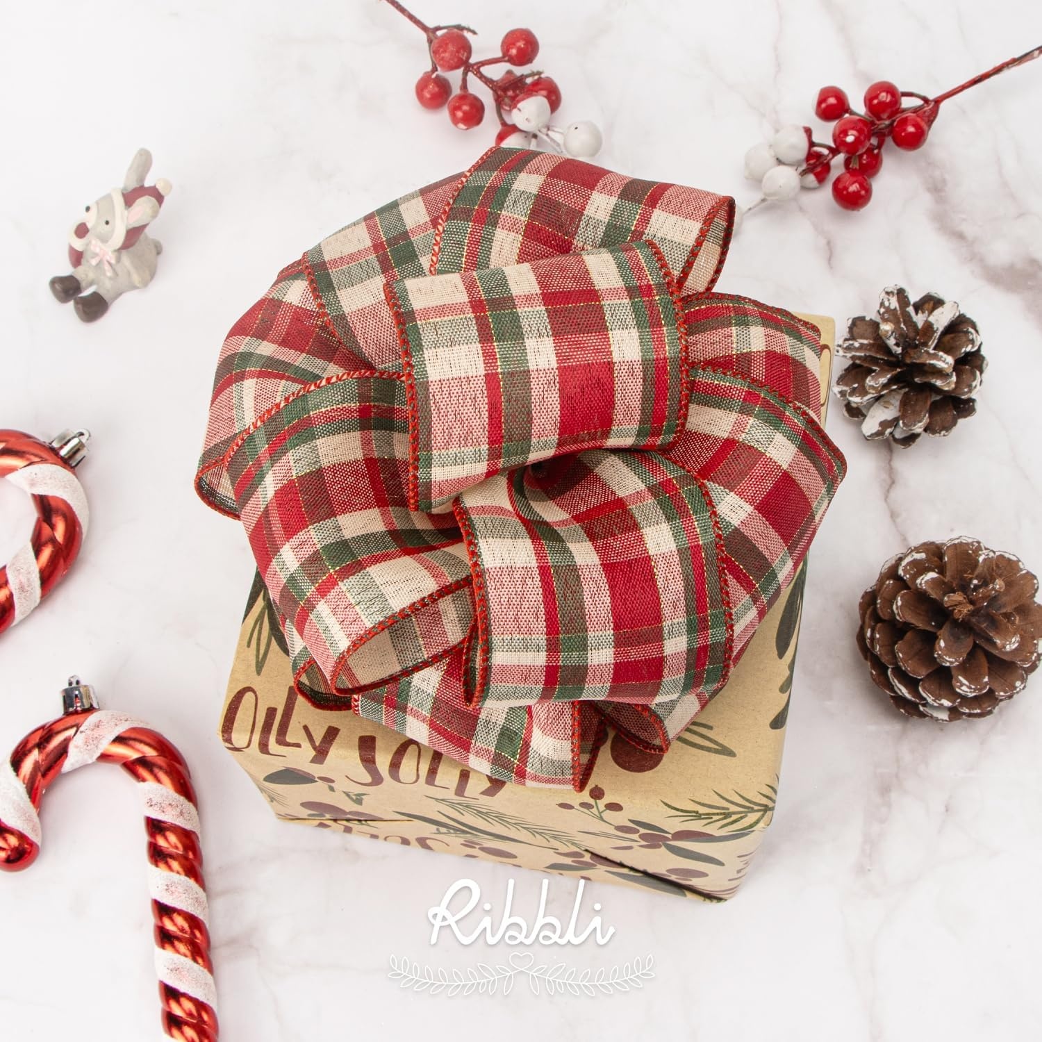 Ribbli Christmas Ribbon Wired, Red and Green Plaid Ribbon 2-1/2 inch x Continuous 10 Yard, Christmas Tree Ribbon for Topper Bow,Wreath and Swag, Gift Wrapping, Tree Decoration(Red/Moss/Ivory)