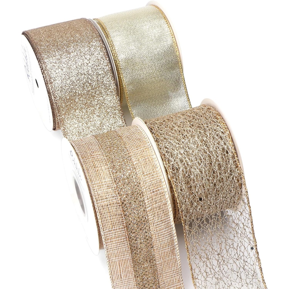 Ribbli Silver Wired Ribbon for Christmas Tree,Glitter Mesh Snowflake Stripe Christmas Ribbon for Crafts,Wreaths,Topper Bow,Gift Wrapping,Tree Decoration-4Rolls 2-1/2 Inch Total 40 Yard(Ivory/Champagne)