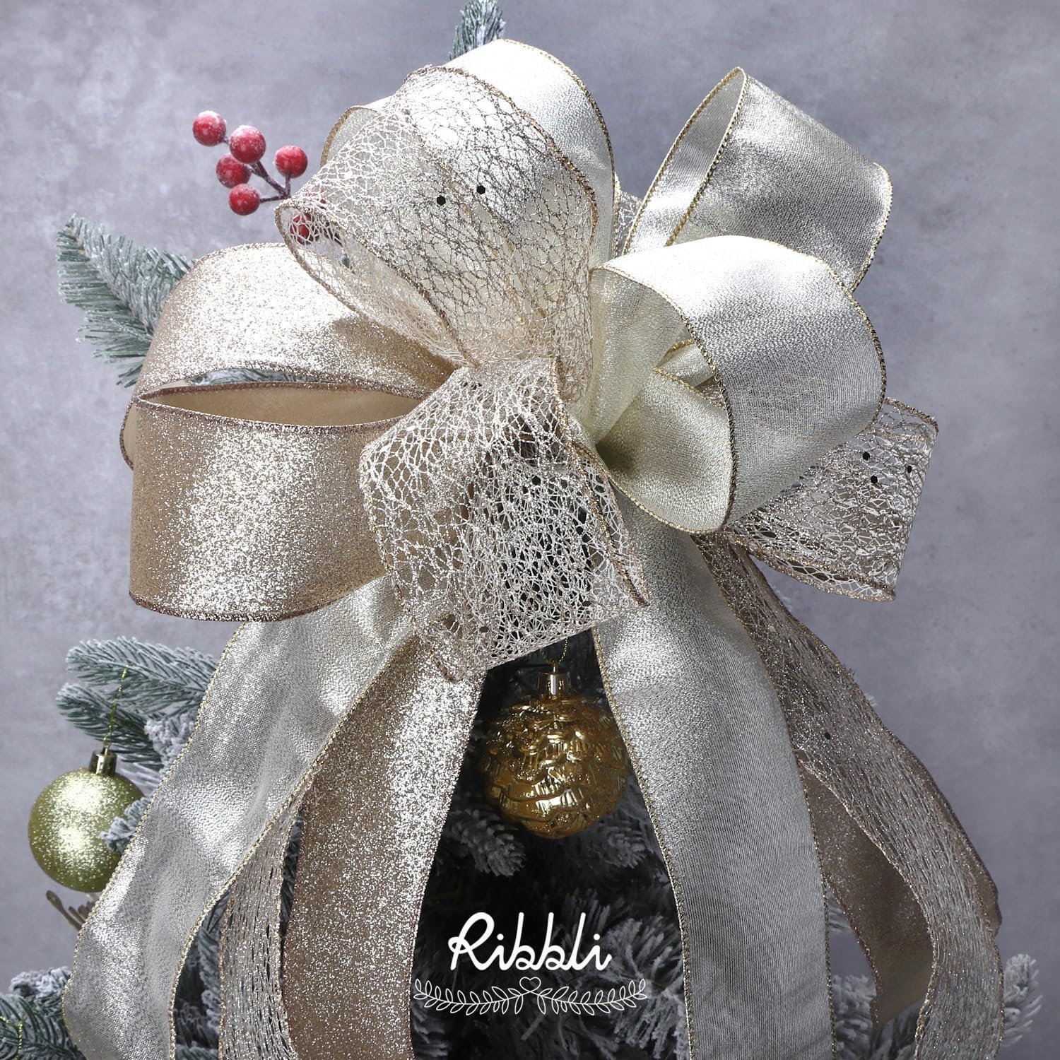 Ribbli Silver Wired Ribbon for Christmas Tree,Glitter Mesh Snowflake Stripe Christmas Ribbon for Crafts,Wreaths,Topper Bow,Gift Wrapping,Tree Decoration-4Rolls 2-1/2 Inch Total 40 Yard(Ivory/Champagne)