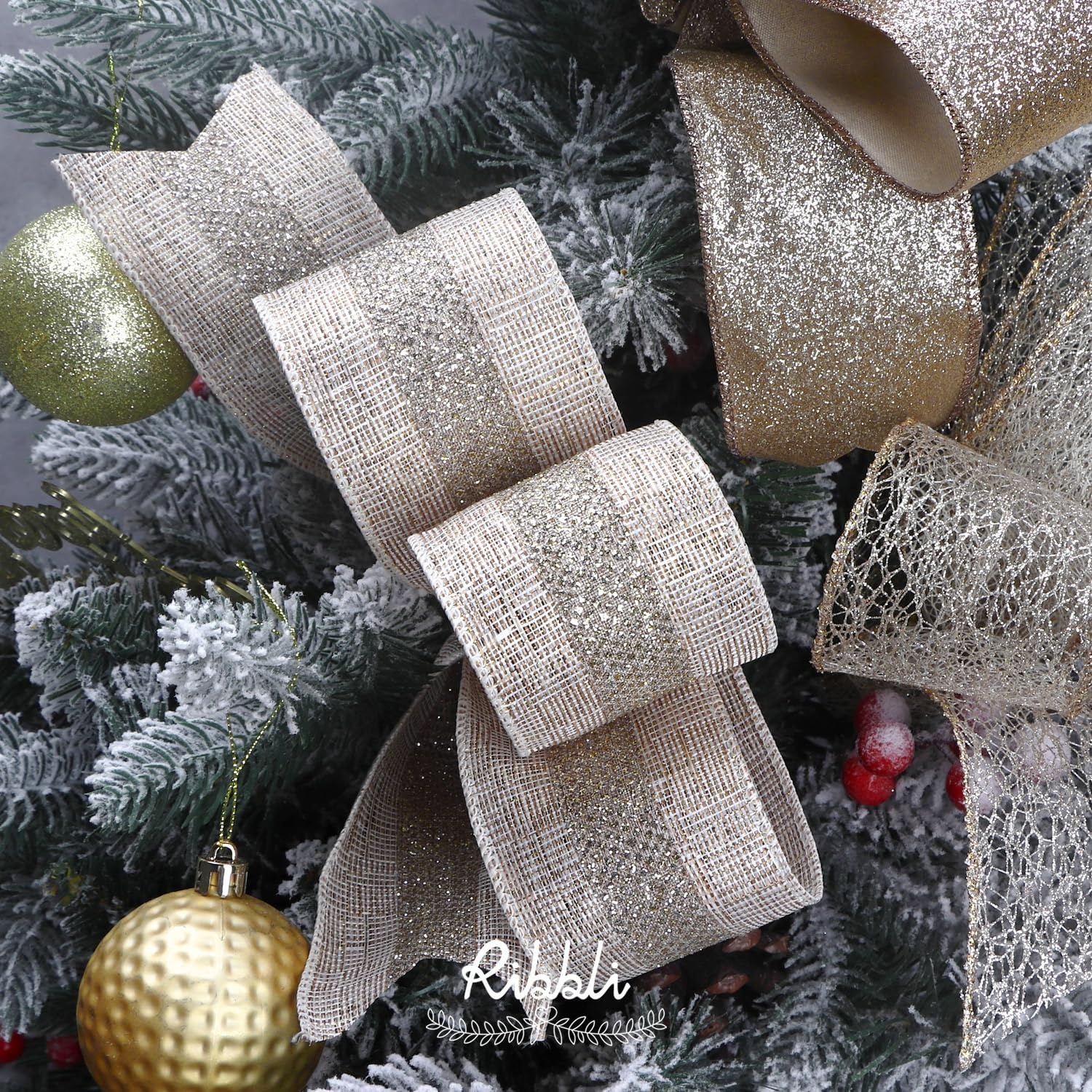 Ribbli Silver Wired Ribbon for Christmas Tree,Glitter Mesh Snowflake Stripe Christmas Ribbon for Crafts,Wreaths,Topper Bow,Gift Wrapping,Tree Decoration-4Rolls 2-1/2 Inch Total 40 Yard(Ivory/Champagne)