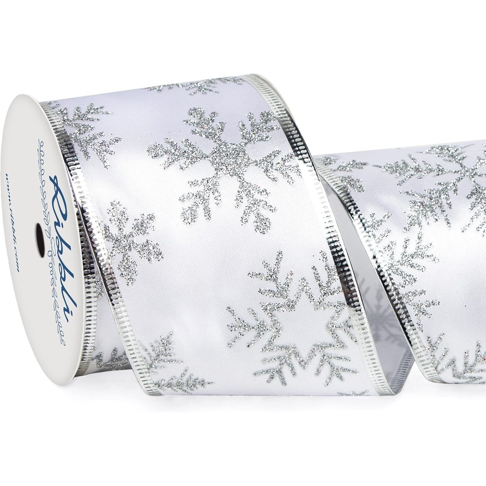 Ribbli Snowflake Glitter Satin Wired Ribbon,Ivory Satin Ribbon with Gold Glitter Snowflake Pattern and Gold Metallic Edge,2-1/2 Inch x 10Yards Christmas Ribbon for Tree Decoration(White/Silver)