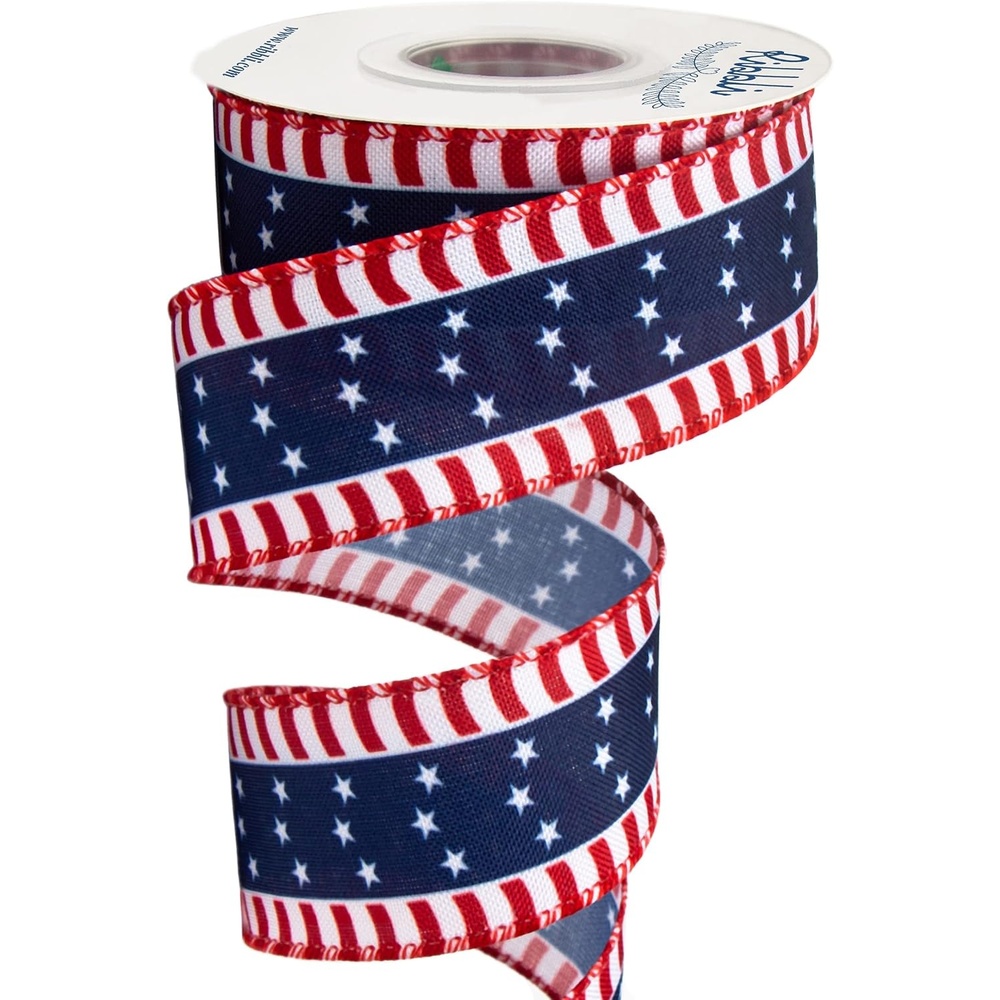 Ribbli Patriotic Ribbon, Stars and Stripes Wired, 1-1/2 Inch x 10 Yard, Red/White/Navy, Canvas for Bows, Wreaths, Trees
