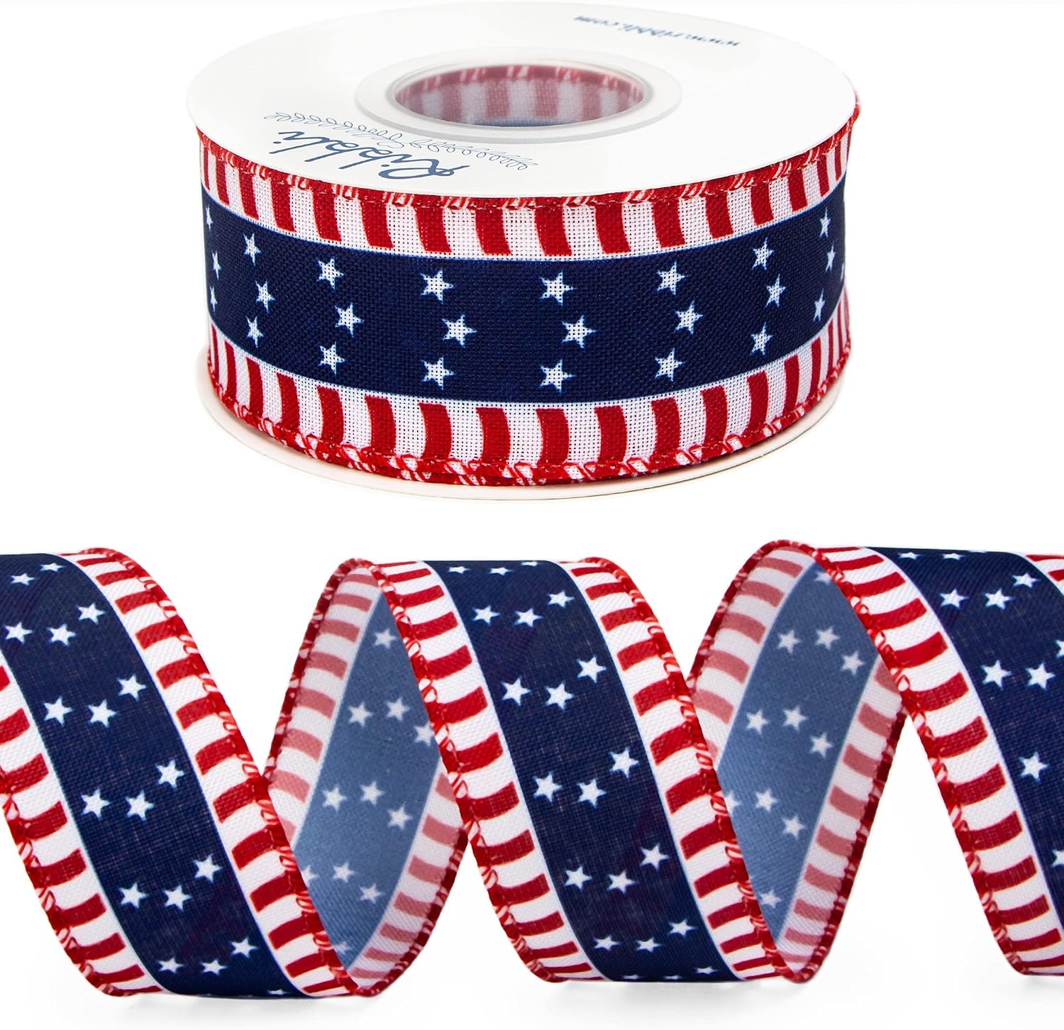 Ribbli Patriotic Ribbon, Stars and Stripes Wired, 1-1/2 Inch x 10 Yard, Red/White/Navy, Canvas for Bows, Wreaths, Trees