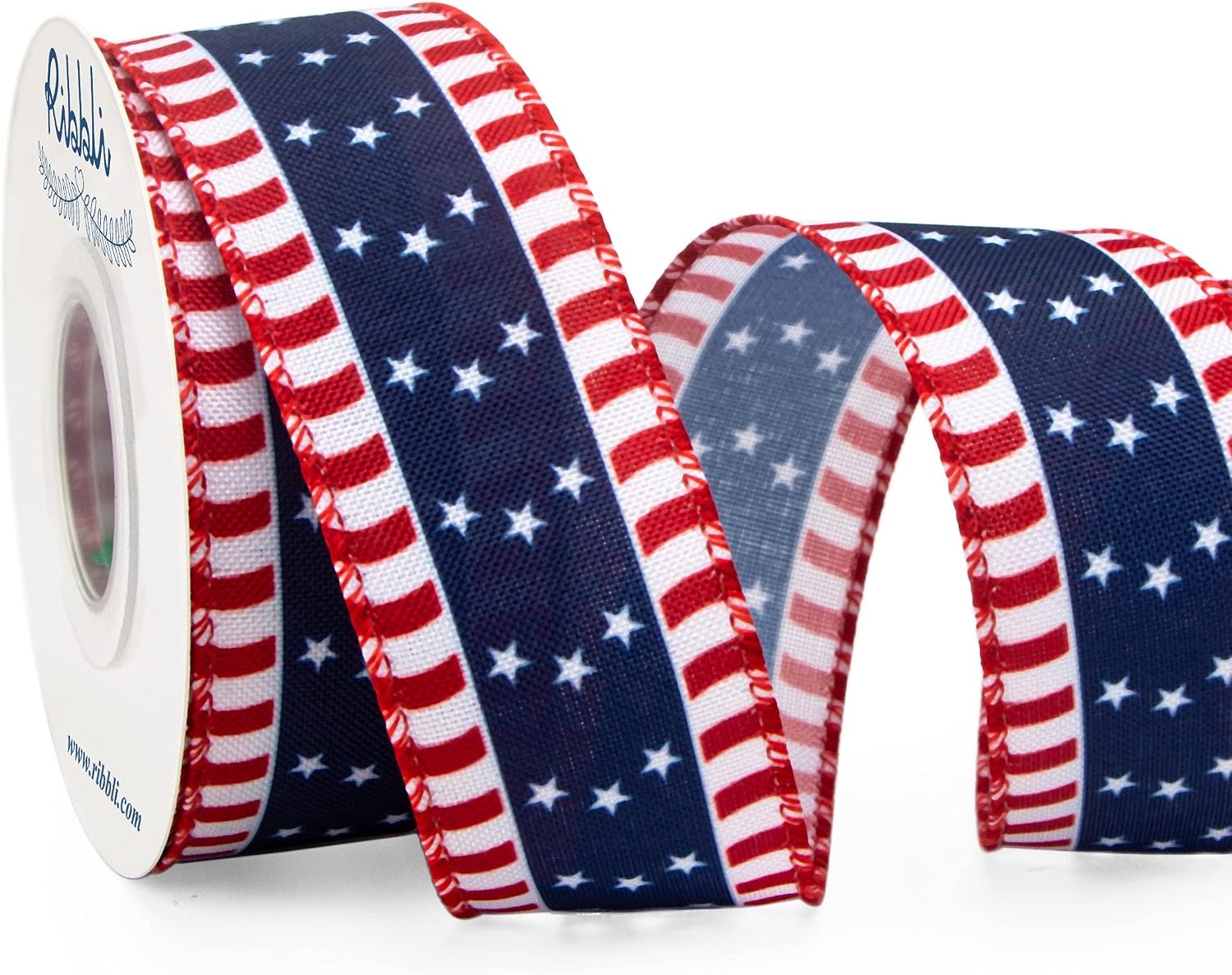 Ribbli Patriotic Ribbon, Stars and Stripes Wired, 1-1/2 Inch x 10 Yard, Red/White/Navy, Canvas for Bows, Wreaths, Trees