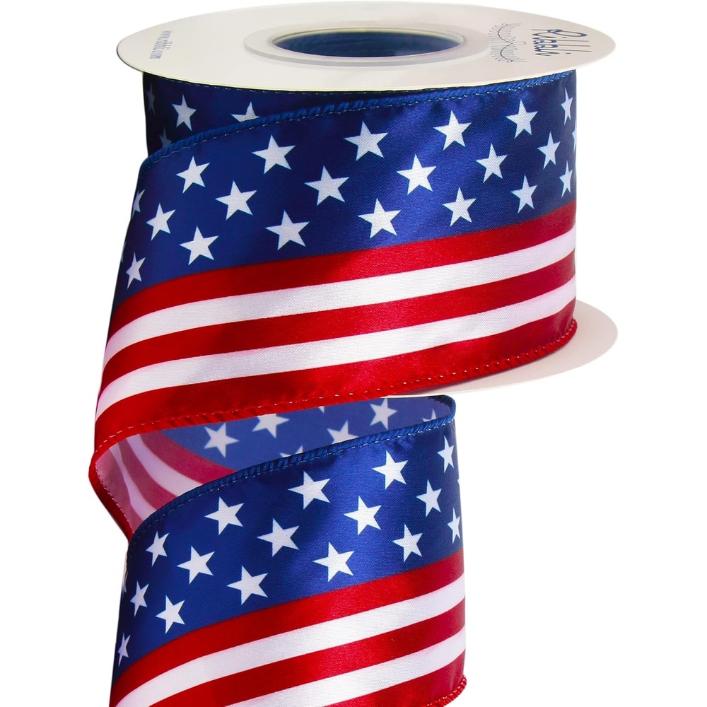Ribbli Patriotic Stars and Stripes Wired Satin Ribbon,American Flag Ribbon 2-1/2 Inch x Continuous 10 Yard,Red/White/Blue,4th of July Ribbon for Big Bow,Wreath,Tree Decoration