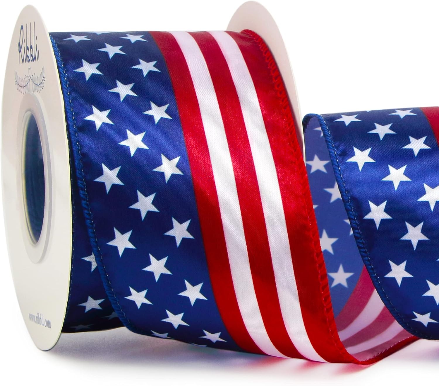 Ribbli Patriotic Stars and Stripes Wired Satin Ribbon,American Flag Ribbon 2-1/2 Inch x Continuous 10 Yard,Red/White/Blue,4th of July Ribbon for Big Bow,Wreath,Tree Decoration