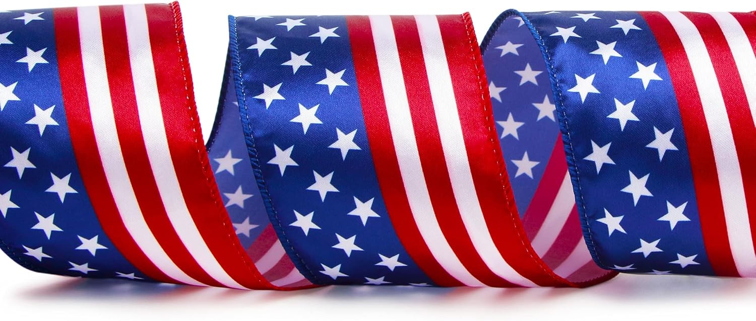 Ribbli Patriotic Stars and Stripes Wired Satin Ribbon,American Flag Ribbon 2-1/2 Inch x Continuous 10 Yard,Red/White/Blue,4th of July Ribbon for Big Bow,Wreath,Tree Decoration