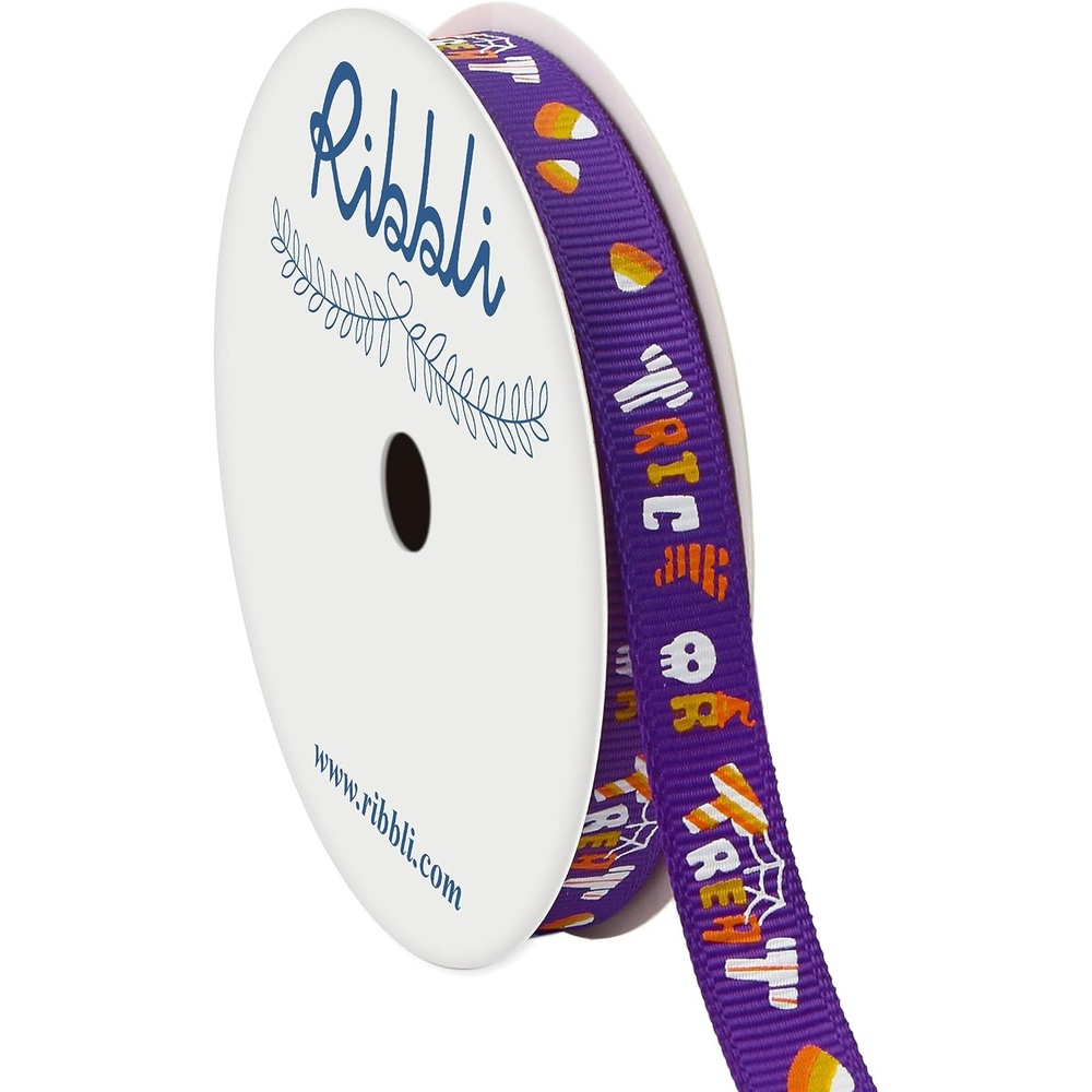 Ribbli Grosgrain Halloween Ribbon,Pumpkins & Black Cat Ribbon Use for Craft,Halloween Wrapping,Home Decor,3/8 Inches x 10 Yards,Ivory/Orange/Black(Purple/Orange)