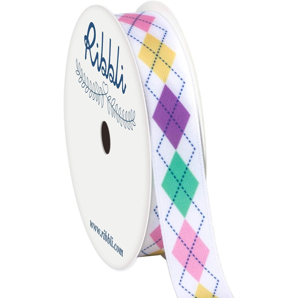 Ribbli Satin Argyle Pattern Spring Ribbon,5/8-Inch x 10-Yard,Whtie/Purple/Green/Pink/Yellow,Easter Ribbon,Spring Ribbon,Use for Gift Wrapping,Party Decoration
