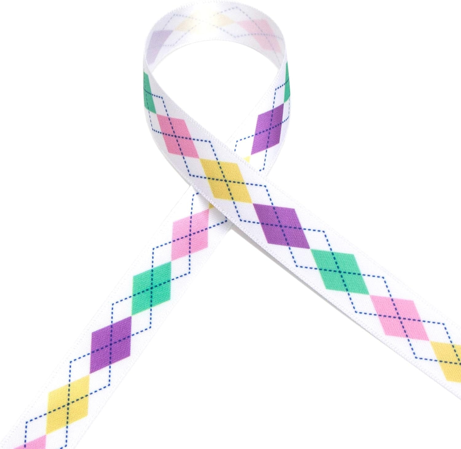 Ribbli Satin Argyle Pattern Spring Ribbon,5/8-Inch x 10-Yard,Whtie/Purple/Green/Pink/Yellow,Easter Ribbon,Spring Ribbon,Use for Gift Wrapping,Party Decoration