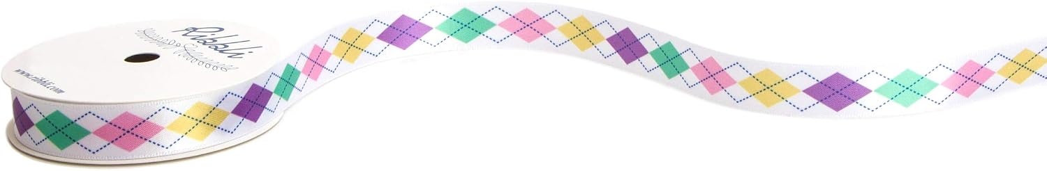 Ribbli Satin Argyle Pattern Spring Ribbon,5/8-Inch x 10-Yard,Whtie/Purple/Green/Pink/Yellow,Easter Ribbon,Spring Ribbon,Use for Gift Wrapping,Party Decoration