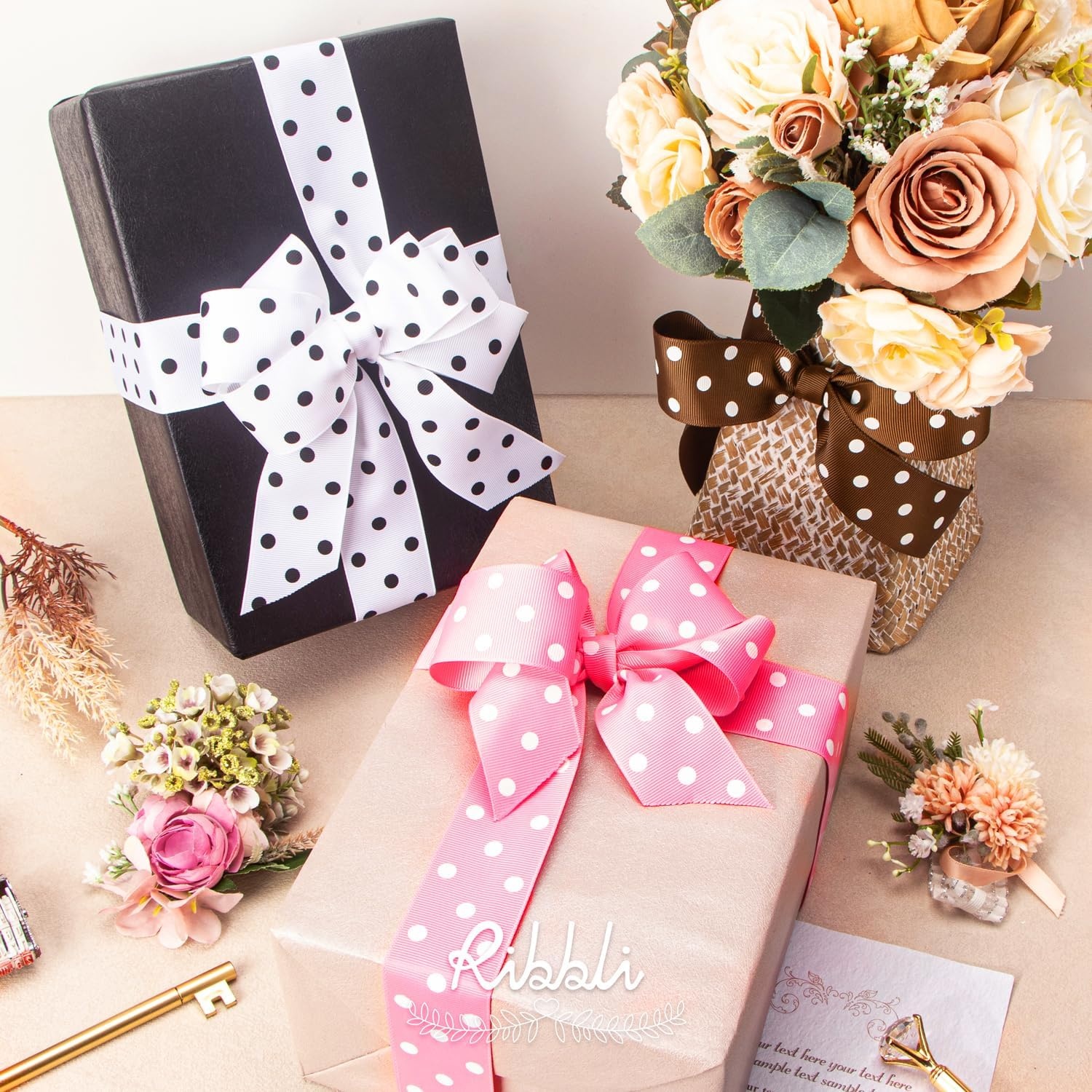 Ribbli Grosgrain Polka Dot Craft Ribbon,1-1/2 Inch,10-Yard Spool,Black with White Dots,Use for Hair Bows,Gift Wrapping,All Crafting and Sewing(Turftan/White)