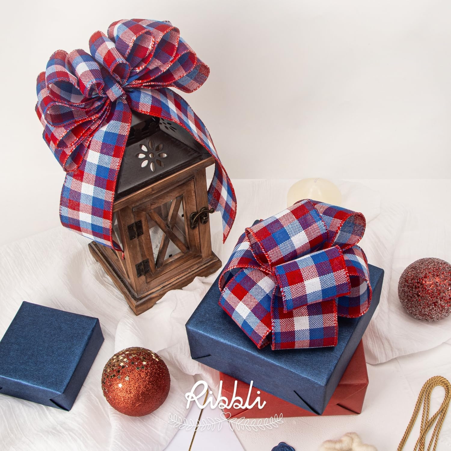 Ribbli Black and White Wired Ribbon,1-1/2 Inch x 10 Yard,Buffalo Plaid Ribbon,Burlap Ribbon for Big Bow,Wreath,Tree Decoration,Outdoor Decoration(Red/White/Blue)