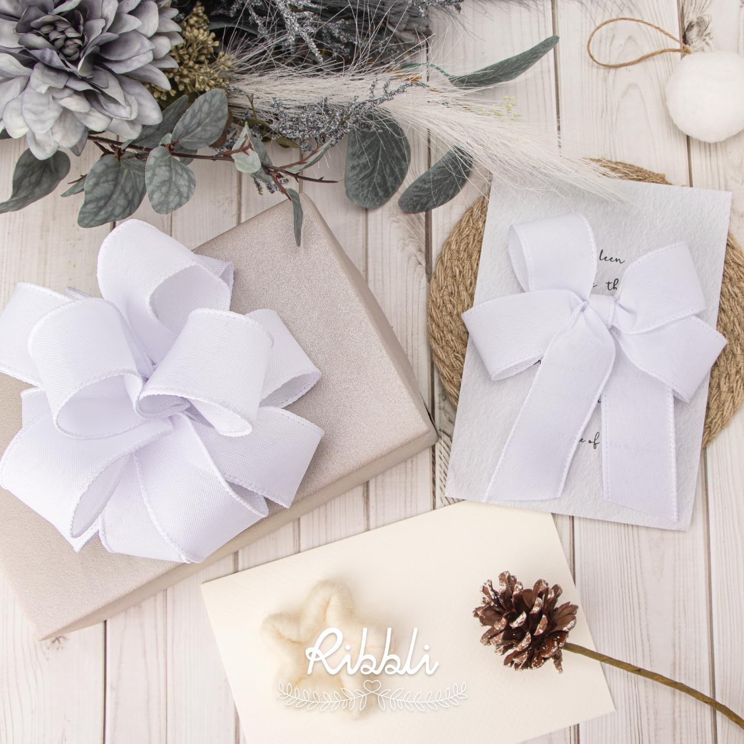Ribbli Pink Linen Wired Ribbon, 1-1/2 Inch x 10 Yard, Pink Burlap Wired Ribbon for Easter Wreaths, Big Bows, Gift Wrapping, Christmas Tree Decoration(White)