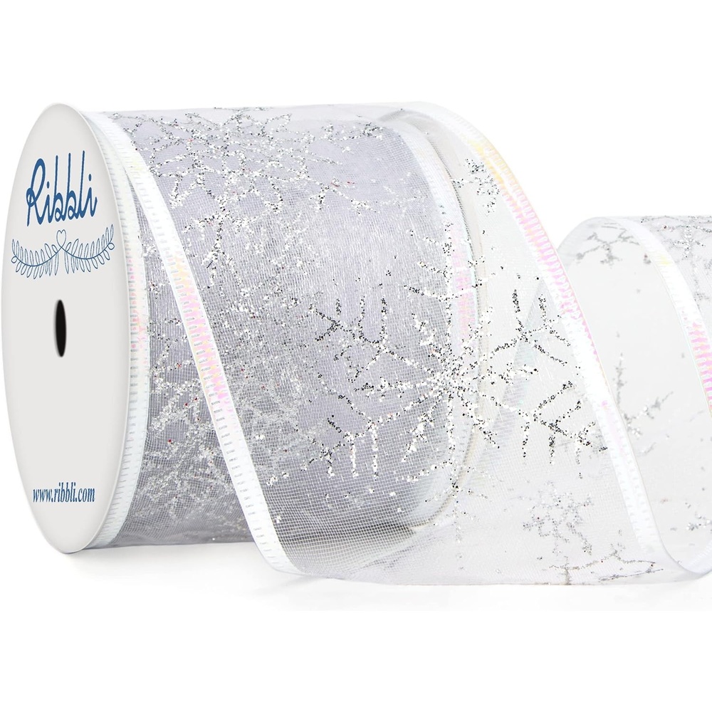 Ribbli Snowflake Glitter Wired Ribbon,Turquoise Blue Organza Sheer with Silver Glitter Snowflake Pattern and Silver Metallic Edge,2-1/2 Inch x 10 Yards Christmas Ribbon for Tree Decoration(White/Iridescent)