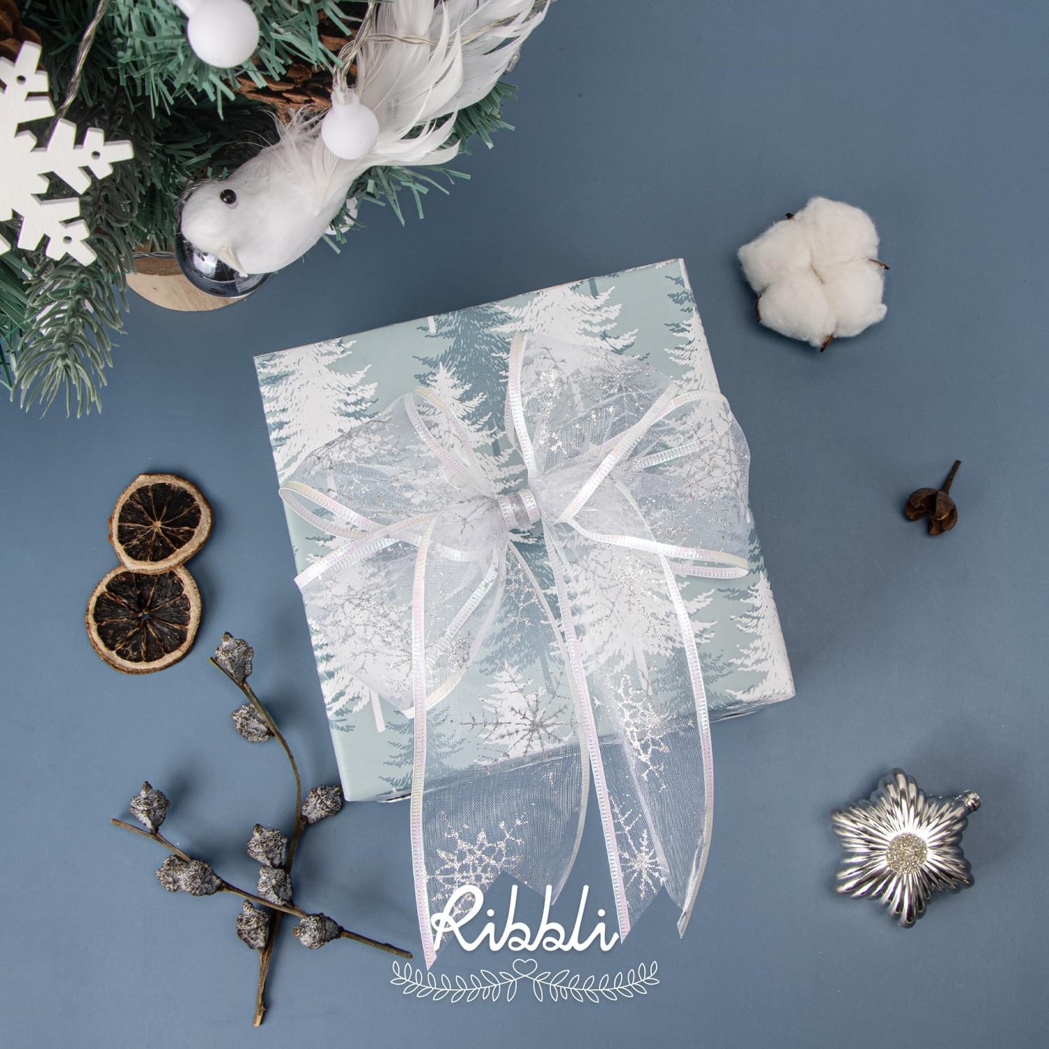 Ribbli Snowflake Glitter Wired Ribbon,Turquoise Blue Organza Sheer with Silver Glitter Snowflake Pattern and Silver Metallic Edge,2-1/2 Inch x 10 Yards Christmas Ribbon for Tree Decoration(White/Iridescent)