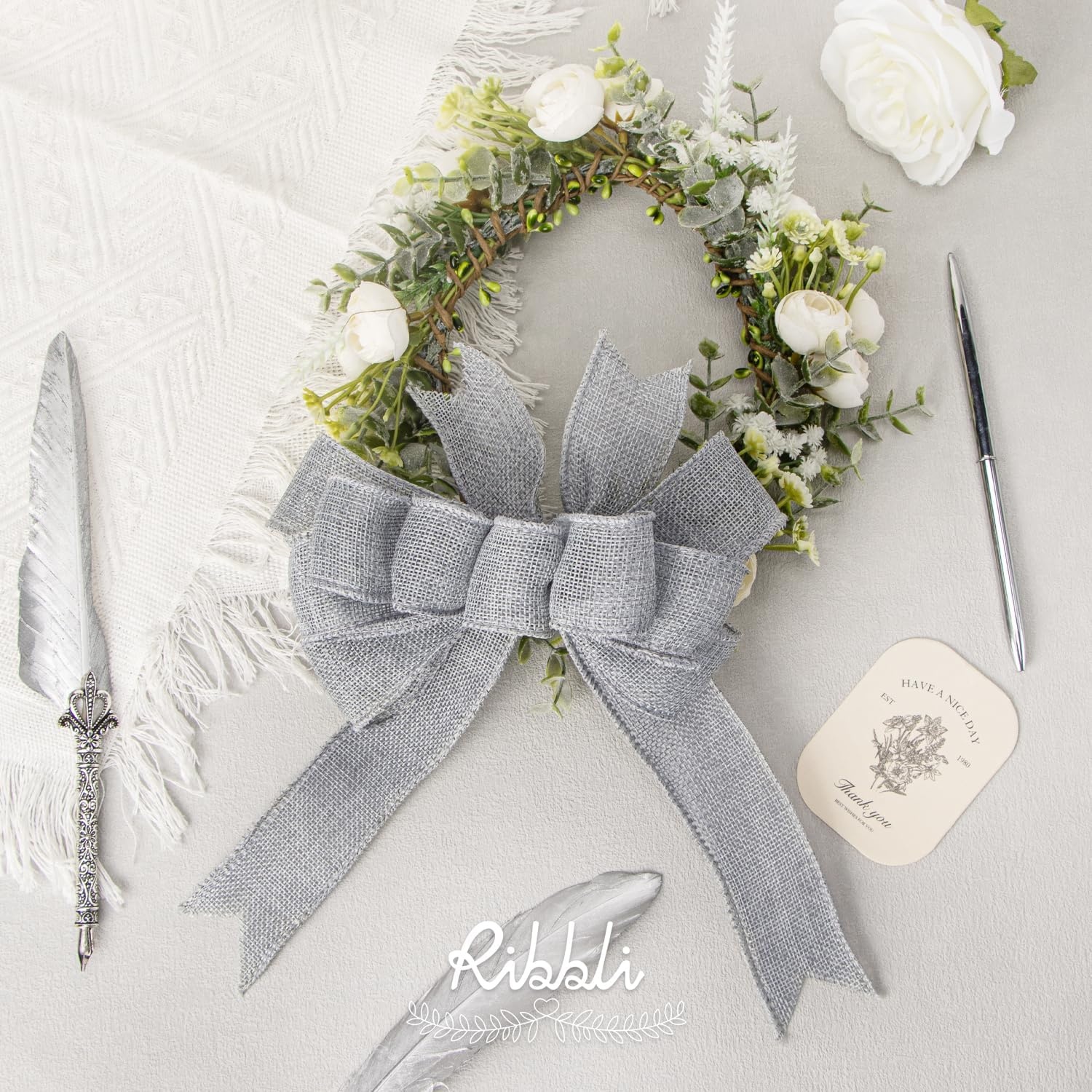 Ribbli Pink Burlap Valentine’s Day Wired Ribbon,1-1/2 Inch x 10 Yard,Easter Wired Edge Ribbon for Big Bow,Wreath,Tree Decoration,Outdoor Decoration(Silver)