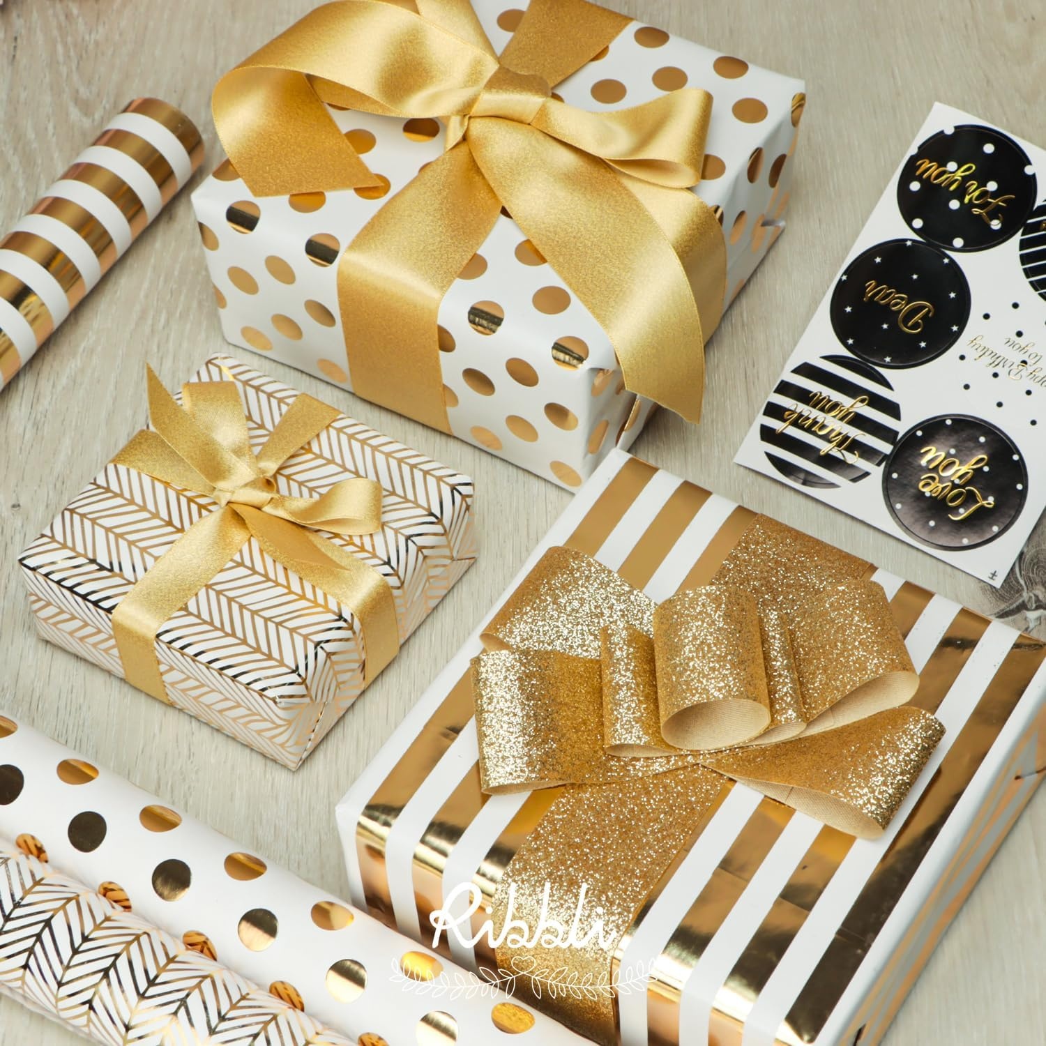 Ribbli Champagne Gold Double Faced Purl Ribbon, Luxury Glitter, 5/8 Inch x 10 Yard, Wedding Ribbon for Crafts, Gift Wrapping, Bottle Decoration(Gold)