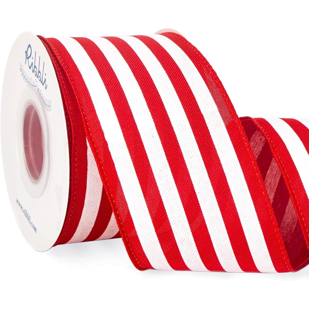 Ribbli Black and White Wide Stripe Wired Burlap Ribbon,2-1/2 Inch x 10 Yard(Red/White)
