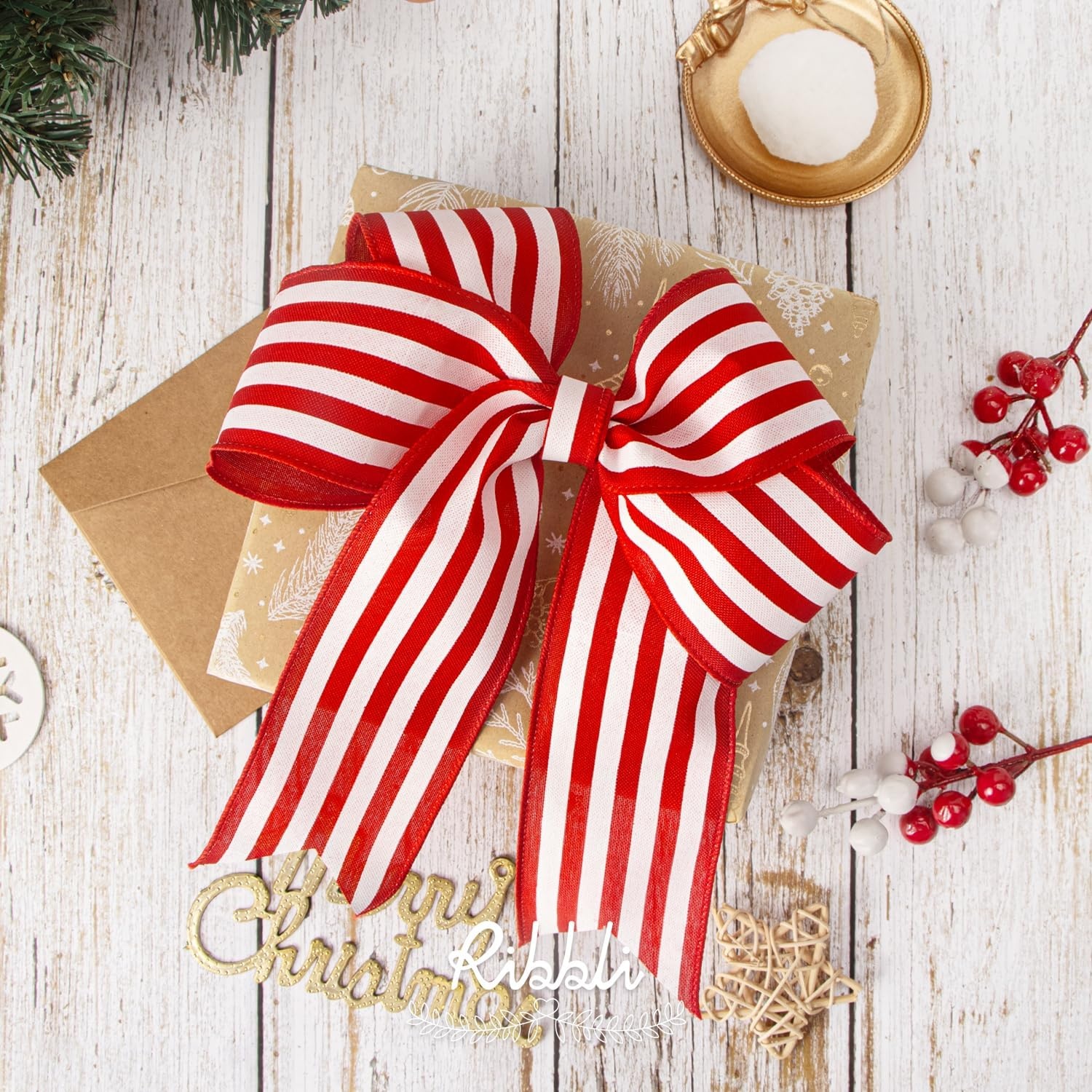 Ribbli Black and White Wide Stripe Wired Burlap Ribbon,2-1/2 Inch x 10 Yard(Red/White)