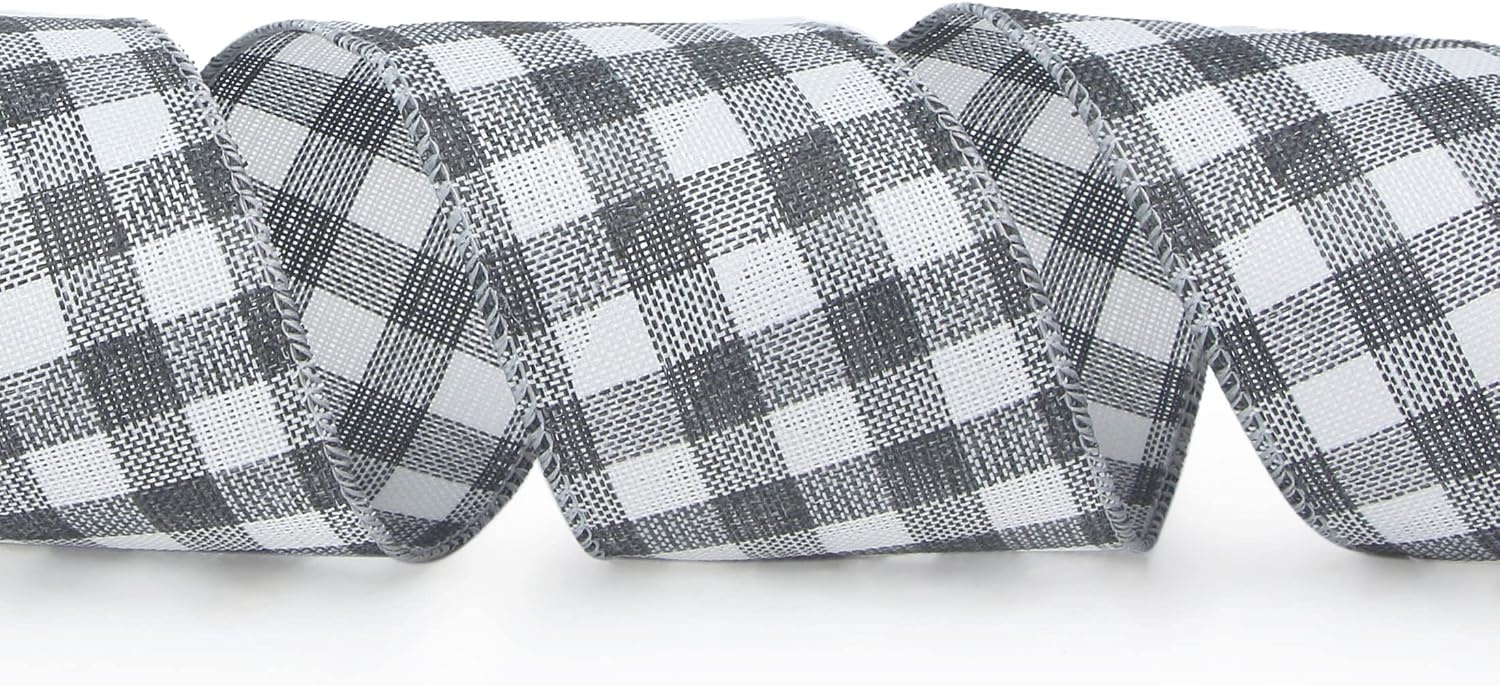Ribbli Black and White Wired Ribbon,1-1/2 Inch x 10 Yard,Buffalo Plaid Ribbon,Burlap Ribbon for Big Bow,Wreath,Tree Decoration,Outdoor Decoration(Grey/White)