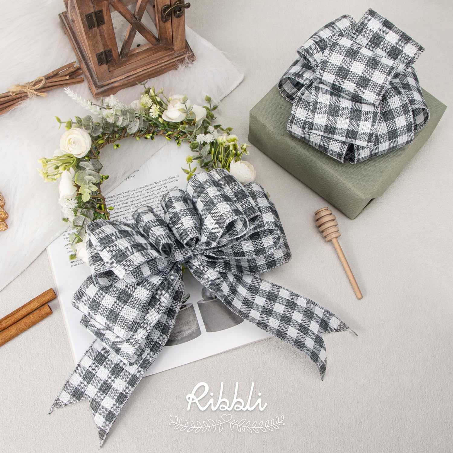 Ribbli Black and White Wired Ribbon,1-1/2 Inch x 10 Yard,Buffalo Plaid Ribbon,Burlap Ribbon for Big Bow,Wreath,Tree Decoration,Outdoor Decoration(Grey/White)
