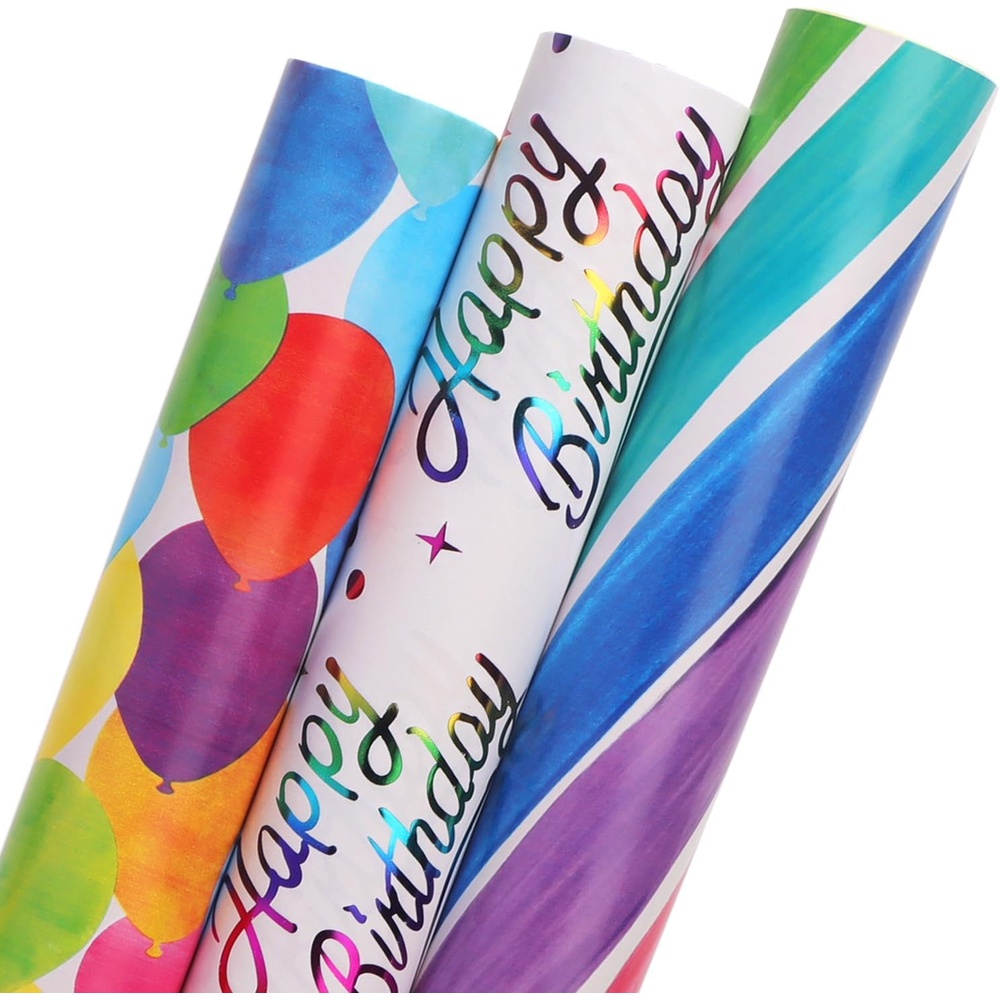 Ribbli Dinosaur Birthday Wrapping Paper 3 Rolls Happy Birthday Dinosaur Balloon Printed Wrapping Paper for Boys- Mini Roll 17 inch x 120 inch(10feet) Per Roll(Colorful)