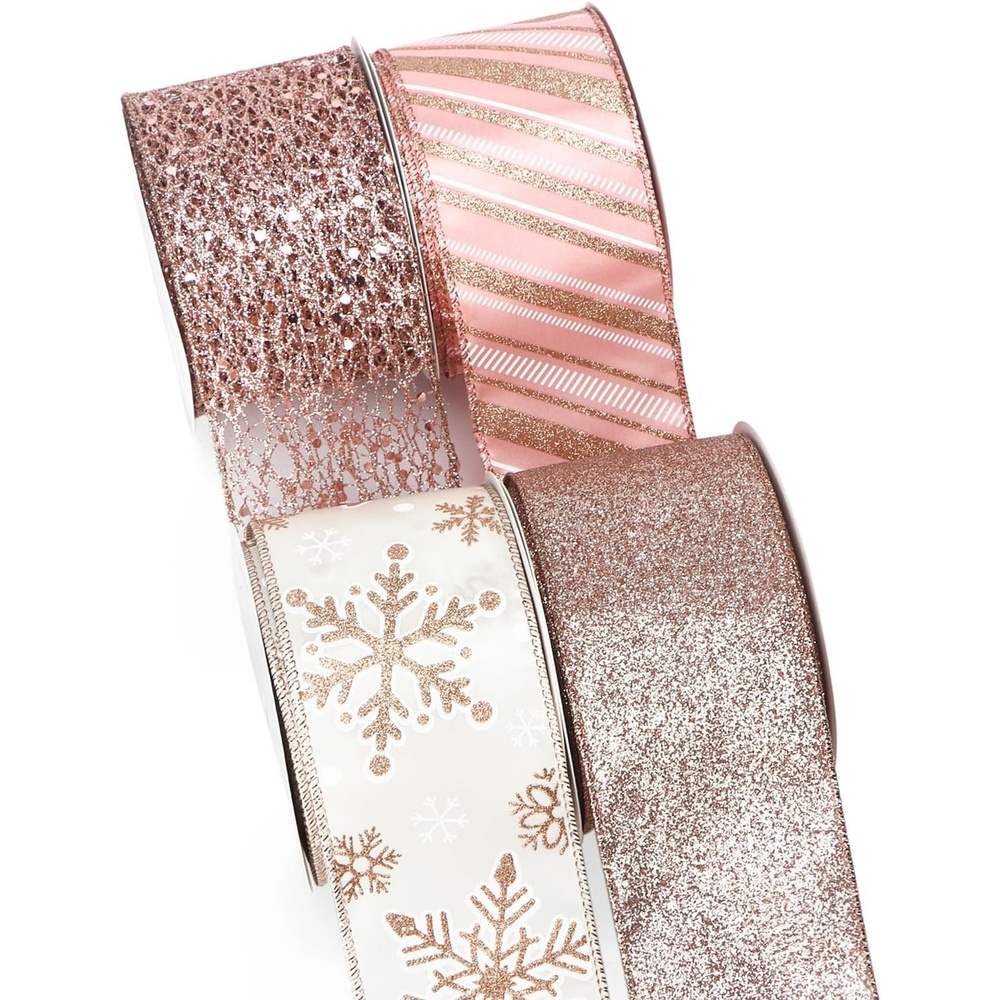 Ribbli Silver Wired Ribbon for Christmas Tree,Glitter Mesh Snowflake Stripe Christmas Ribbon for Crafts,Wreaths,Topper Bow,Gift Wrapping,Tree Decoration-4Rolls 2-1/2 Inch Total 40 Yard(Rose Gold)