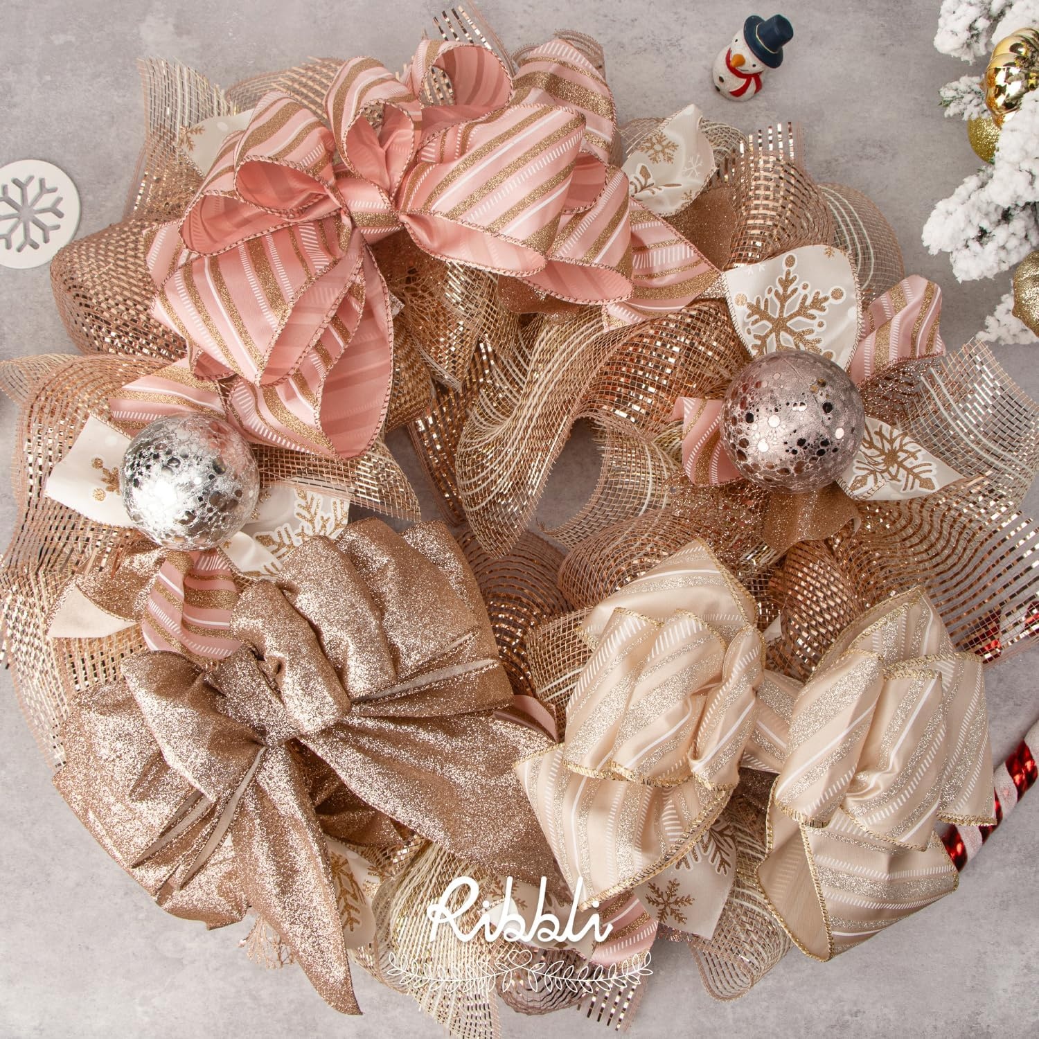 Ribbli Silver Wired Ribbon for Christmas Tree,Glitter Mesh Snowflake Stripe Christmas Ribbon for Crafts,Wreaths,Topper Bow,Gift Wrapping,Tree Decoration-4Rolls 2-1/2 Inch Total 40 Yard(Rose Gold)