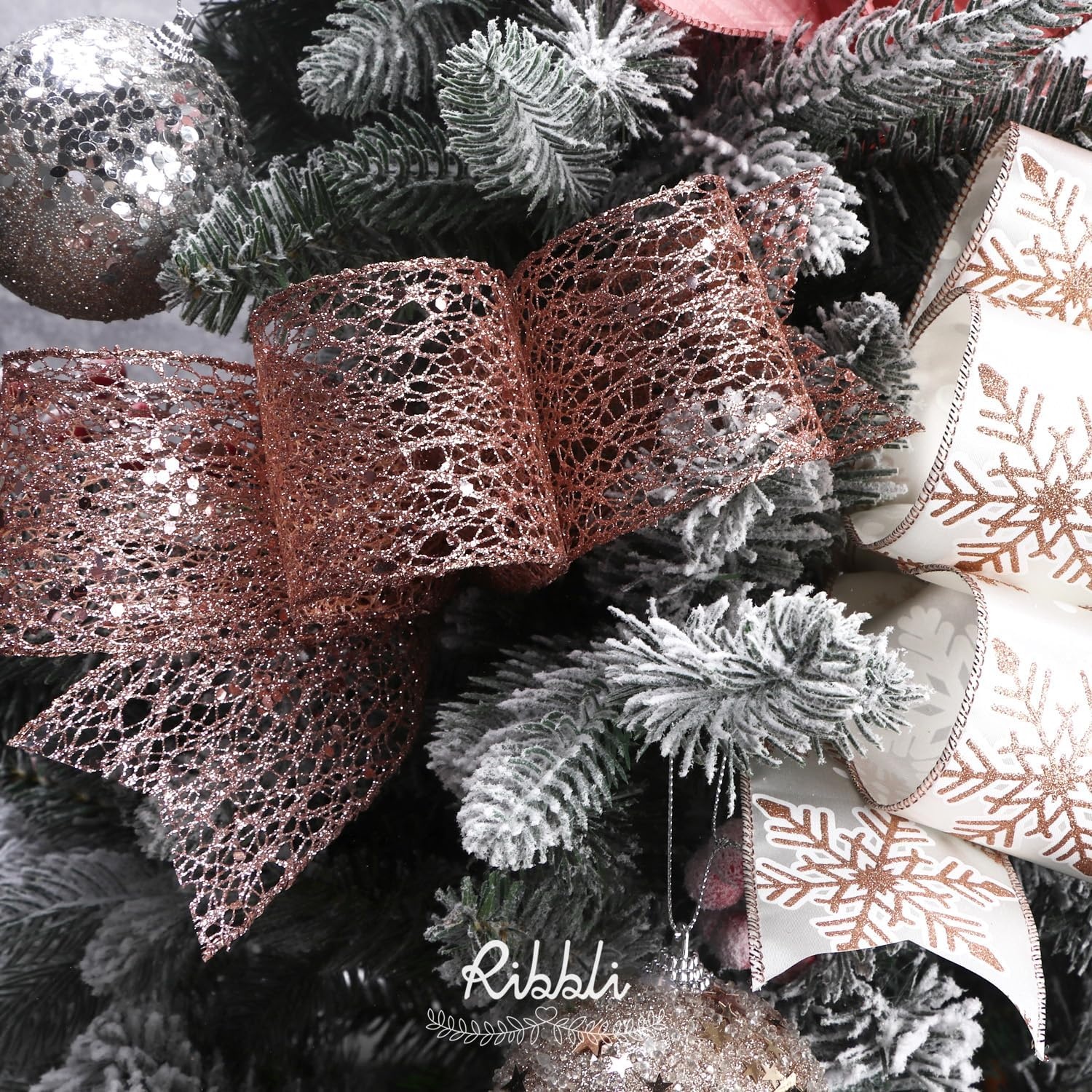 Ribbli Silver Wired Ribbon for Christmas Tree,Glitter Mesh Snowflake Stripe Christmas Ribbon for Crafts,Wreaths,Topper Bow,Gift Wrapping,Tree Decoration-4Rolls 2-1/2 Inch Total 40 Yard(Rose Gold)
