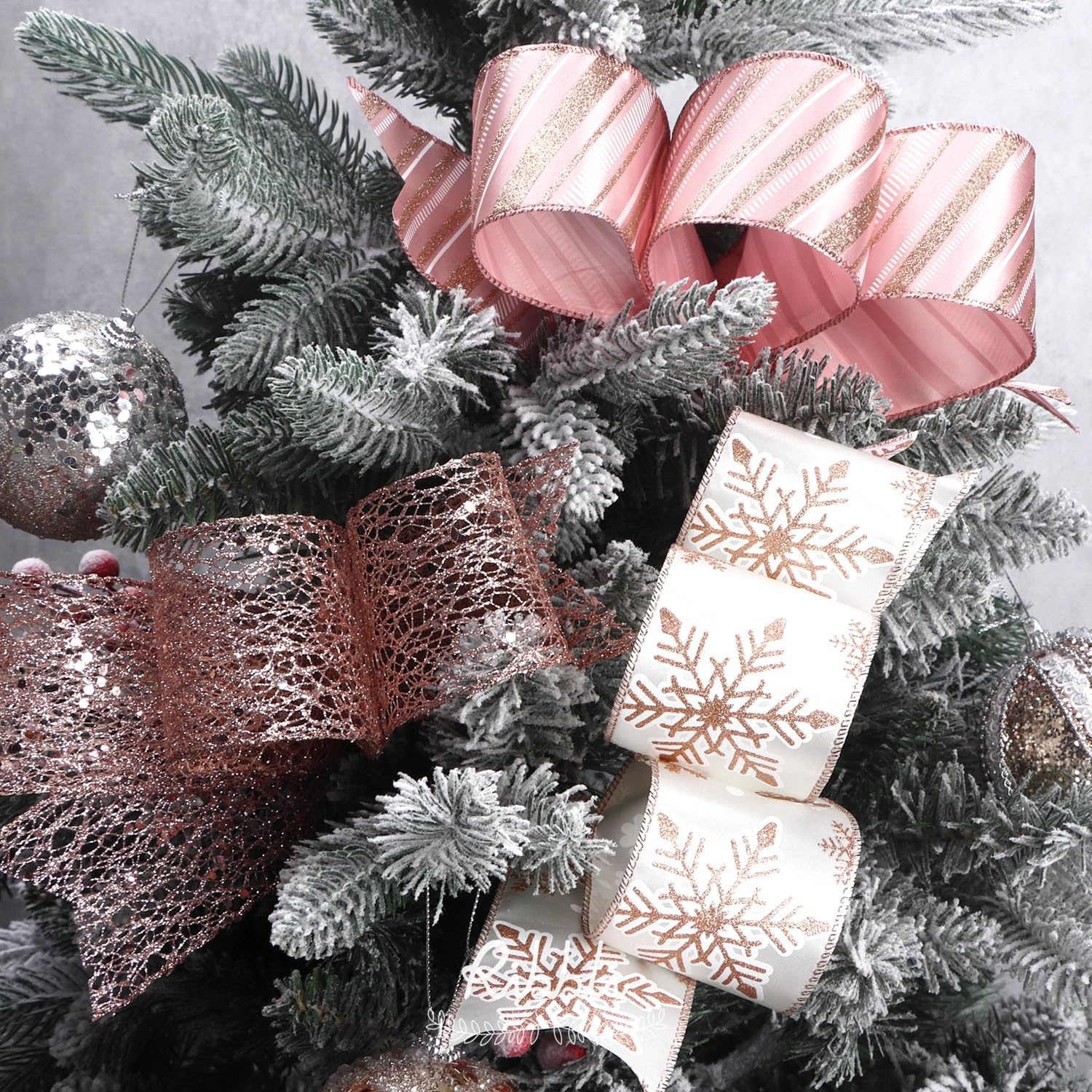 Ribbli Silver Wired Ribbon for Christmas Tree,Glitter Mesh Snowflake Stripe Christmas Ribbon for Crafts,Wreaths,Topper Bow,Gift Wrapping,Tree Decoration-4Rolls 2-1/2 Inch Total 40 Yard(Rose Gold)