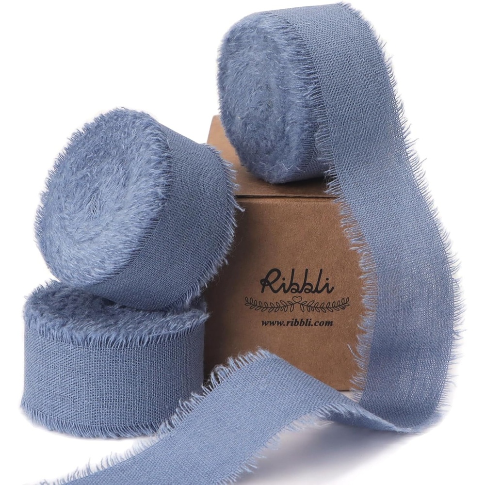 Ribbli 3 Rolls Dusty Blue Ribbon 1.5 Inch x 18Yards Handmade Cotton Frayed Fringe Ribbons for Gift Wrapping Wedding Invites Bridal Bouquets Baby Shower DIY Crafts Home Decor(Dusty Blue)