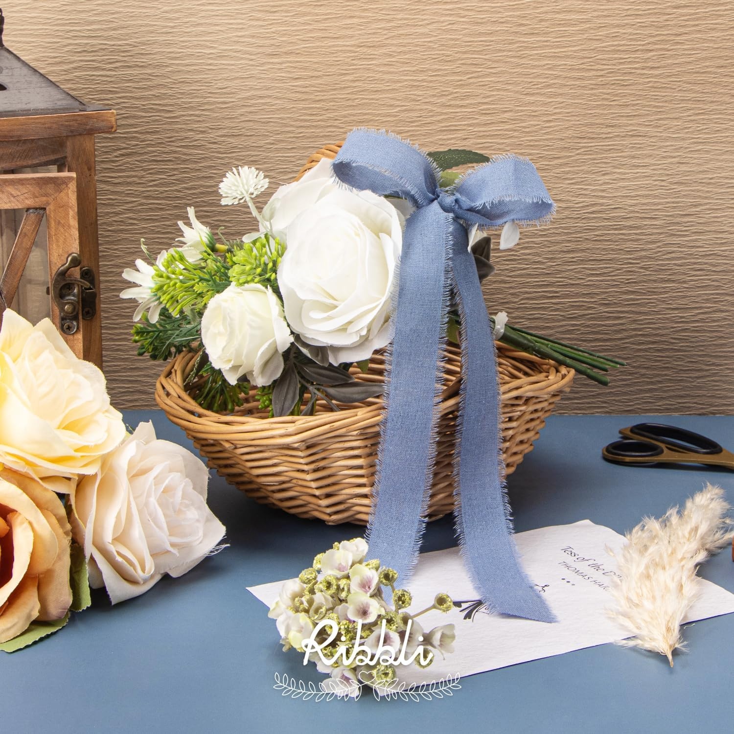 Ribbli 3 Rolls Dusty Blue Ribbon 1.5 Inch x 18Yards Handmade Cotton Frayed Fringe Ribbons for Gift Wrapping Wedding Invites Bridal Bouquets Baby Shower DIY Crafts Home Decor(Dusty Blue)