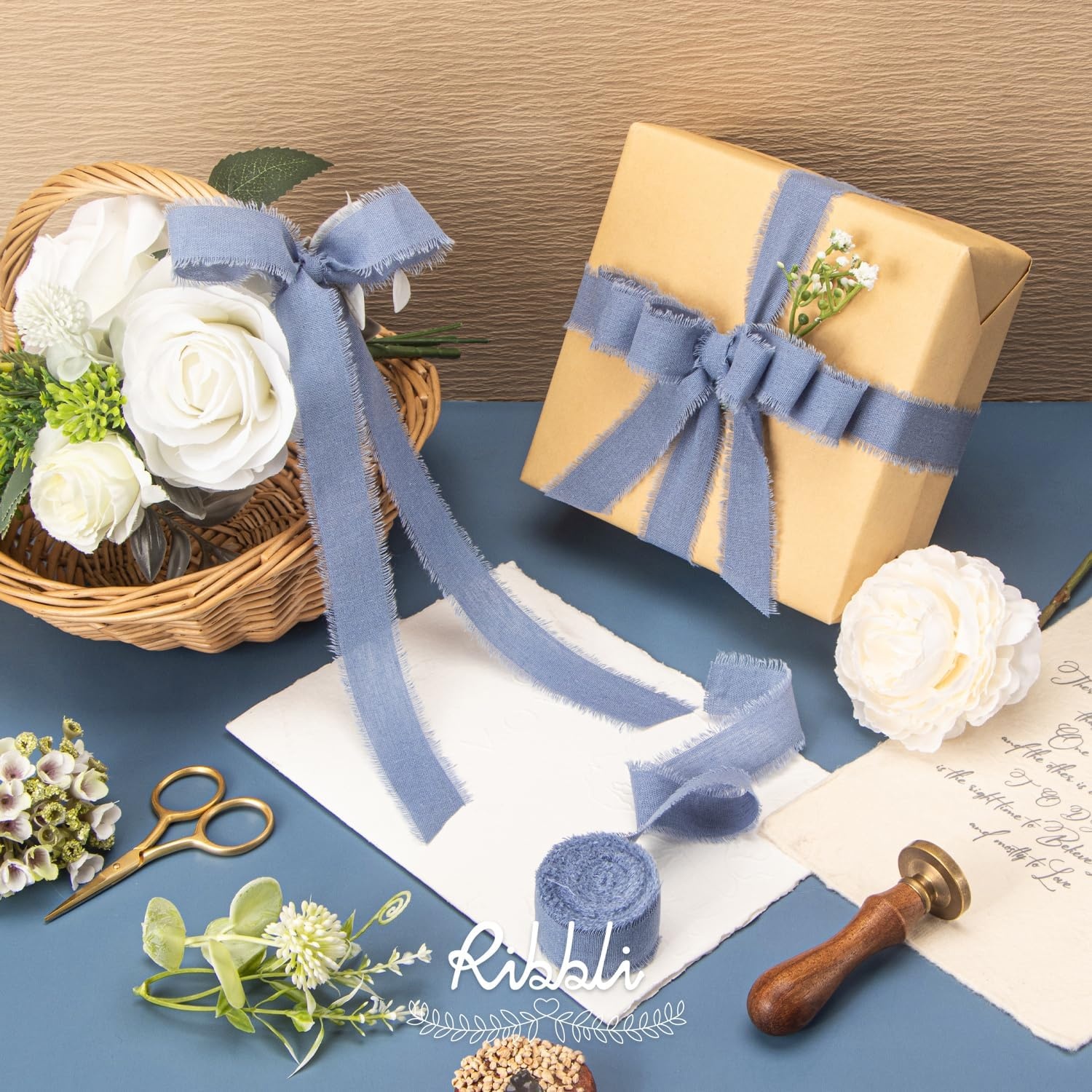 Ribbli 3 Rolls Dusty Blue Ribbon 1.5 Inch x 18Yards Handmade Cotton Frayed Fringe Ribbons for Gift Wrapping Wedding Invites Bridal Bouquets Baby Shower DIY Crafts Home Decor(Dusty Blue)