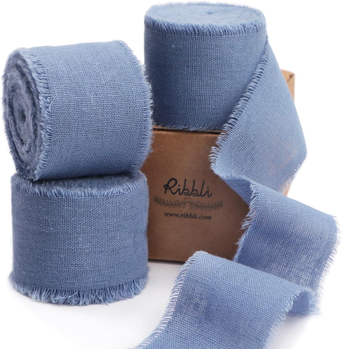 Ribbli 3 Rolls Dusty Blue Ribbon 1.5 Inch x 18Yards Handmade Cotton Frayed Fringe Ribbons for Gift Wrapping Wedding Invites Bridal Bouquets Baby Shower DIY Crafts Home Decor(Dusty Blue)