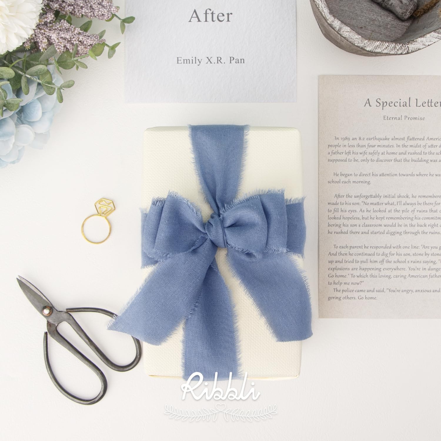 Ribbli 3 Rolls Dusty Blue Ribbon 1.5 Inch x 18Yards Handmade Cotton Frayed Fringe Ribbons for Gift Wrapping Wedding Invites Bridal Bouquets Baby Shower DIY Crafts Home Decor(Dusty Blue)