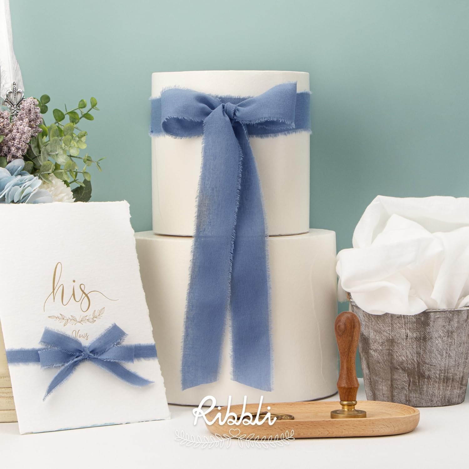 Ribbli 3 Rolls Dusty Blue Ribbon 1.5 Inch x 18Yards Handmade Cotton Frayed Fringe Ribbons for Gift Wrapping Wedding Invites Bridal Bouquets Baby Shower DIY Crafts Home Decor(Dusty Blue)