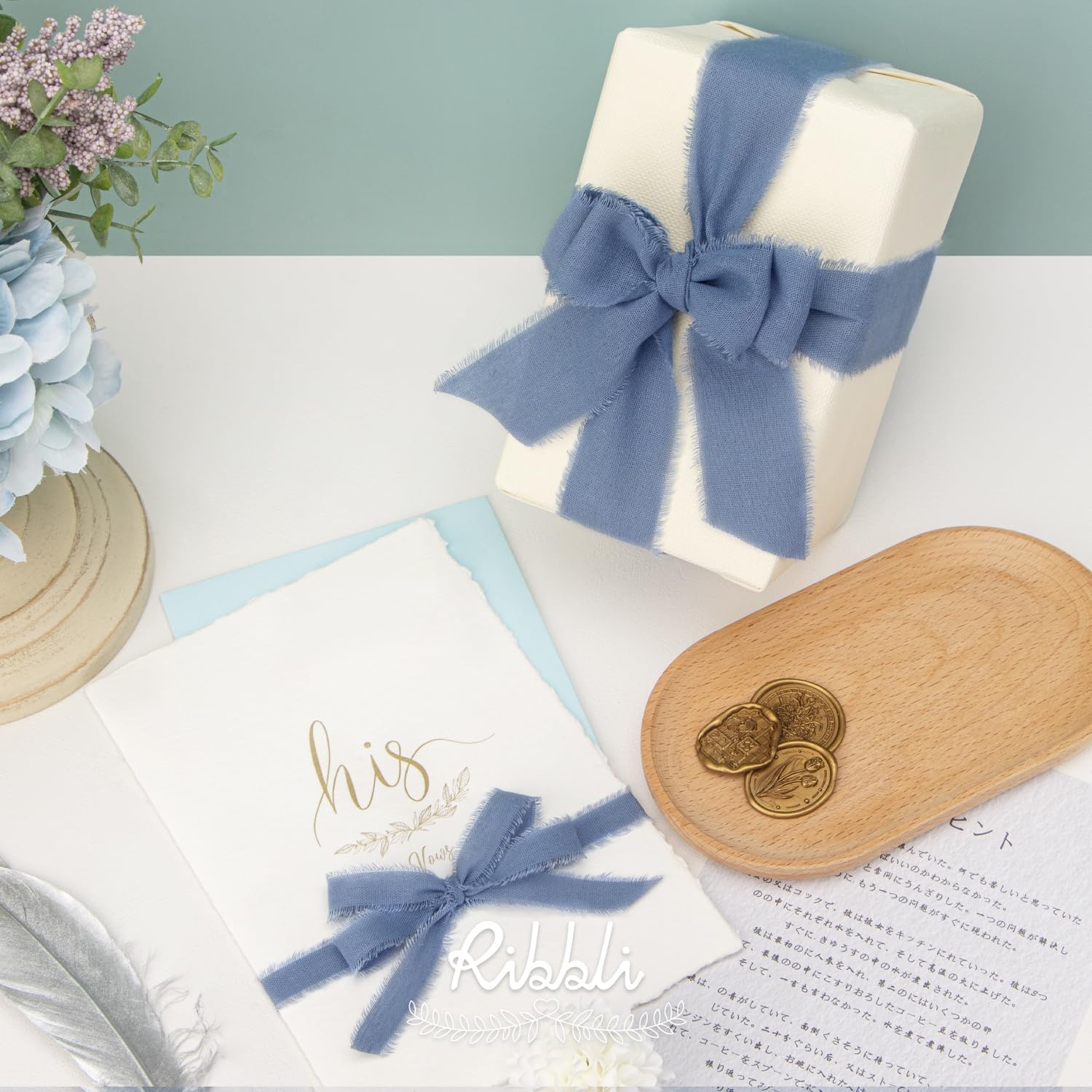 Ribbli 3 Rolls Dusty Blue Ribbon 1.5 Inch x 18Yards Handmade Cotton Frayed Fringe Ribbons for Gift Wrapping Wedding Invites Bridal Bouquets Baby Shower DIY Crafts Home Decor(Dusty Blue)