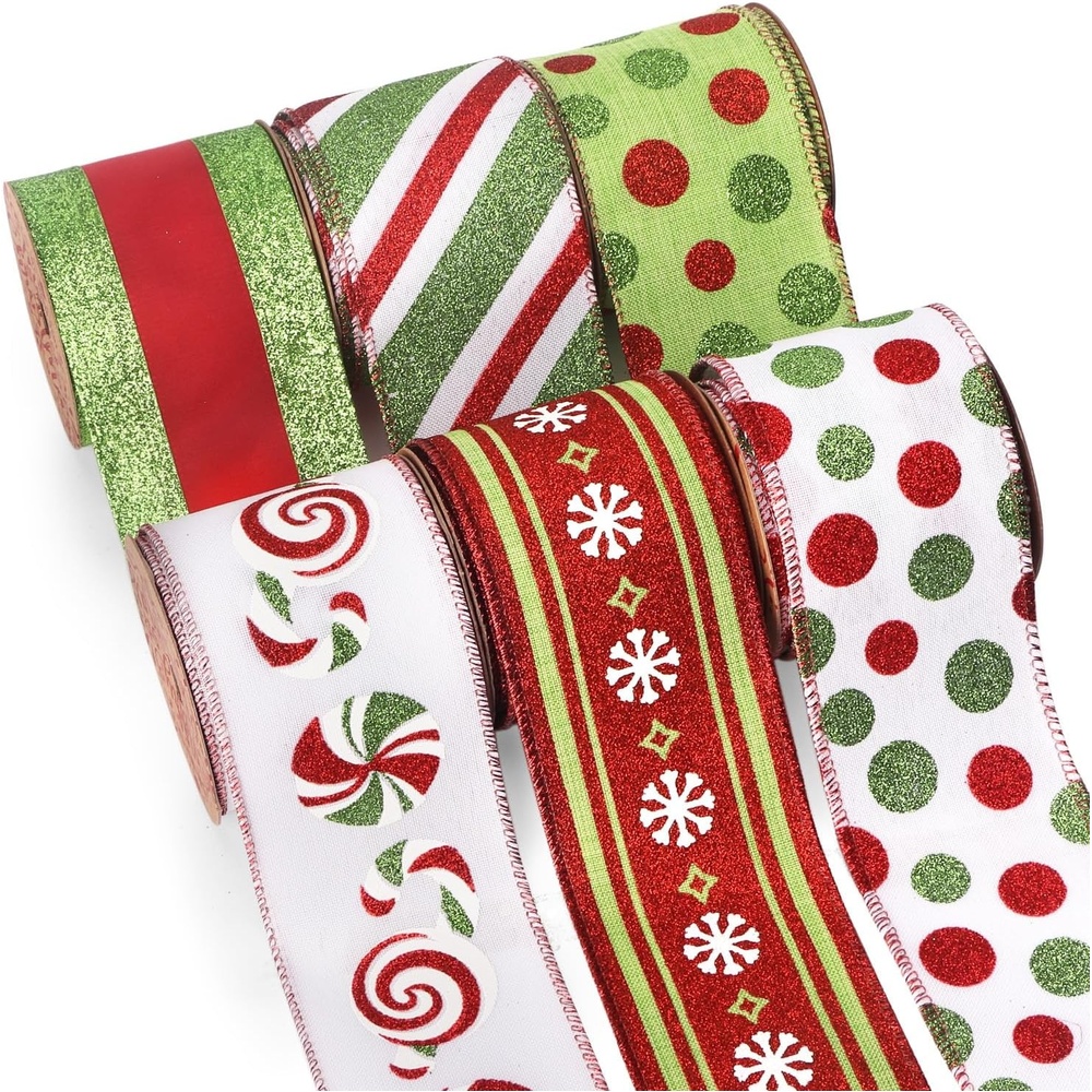 Ribbli Christmas Ribbon Wired Black Champagne Christmas Tree Ribbon Snowflake Glitter Wired Ribbons for Tree Topper Bow Crafts Gift Wrapping Wreaths Garland Home Decor -2.5 Inchx6 Rolls Total 36Yard(Red/Lime Green)
