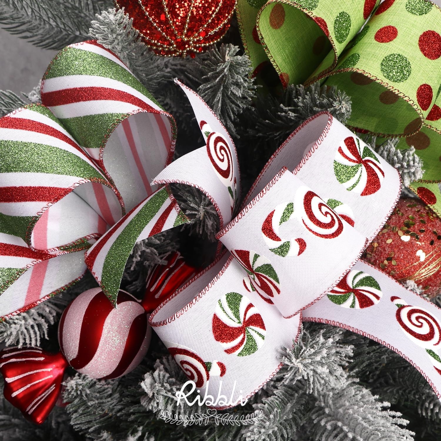 Ribbli Christmas Ribbon Wired Black Champagne Christmas Tree Ribbon Snowflake Glitter Wired Ribbons for Tree Topper Bow Crafts Gift Wrapping Wreaths Garland Home Decor -2.5 Inchx6 Rolls Total 36Yard(Red/Lime Green)