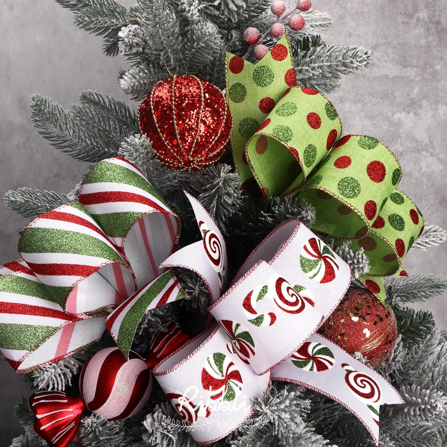 Ribbli Christmas Ribbon Wired Black Champagne Christmas Tree Ribbon Snowflake Glitter Wired Ribbons for Tree Topper Bow Crafts Gift Wrapping Wreaths Garland Home Decor -2.5 Inchx6 Rolls Total 36Yard(Red/Lime Green)
