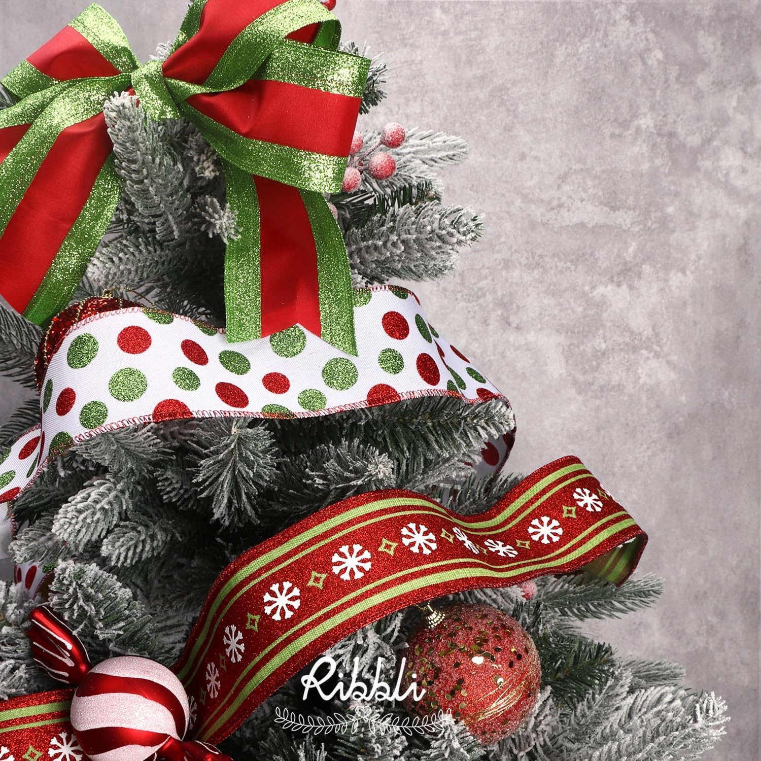 Ribbli Christmas Ribbon Wired Black Champagne Christmas Tree Ribbon Snowflake Glitter Wired Ribbons for Tree Topper Bow Crafts Gift Wrapping Wreaths Garland Home Decor -2.5 Inchx6 Rolls Total 36Yard(Red/Lime Green)