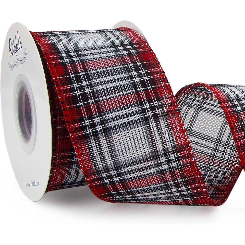 Ribbli Christmas Burlap Wired Ribbon, Buffalo Plaid with Burlap 2-1/2 Inch x Continuous 10 Yard, Christmas Ribbon for Tree, Gift Wrapping, Big Bow, Wreath-Black/White/Natural(White/Red/Black)