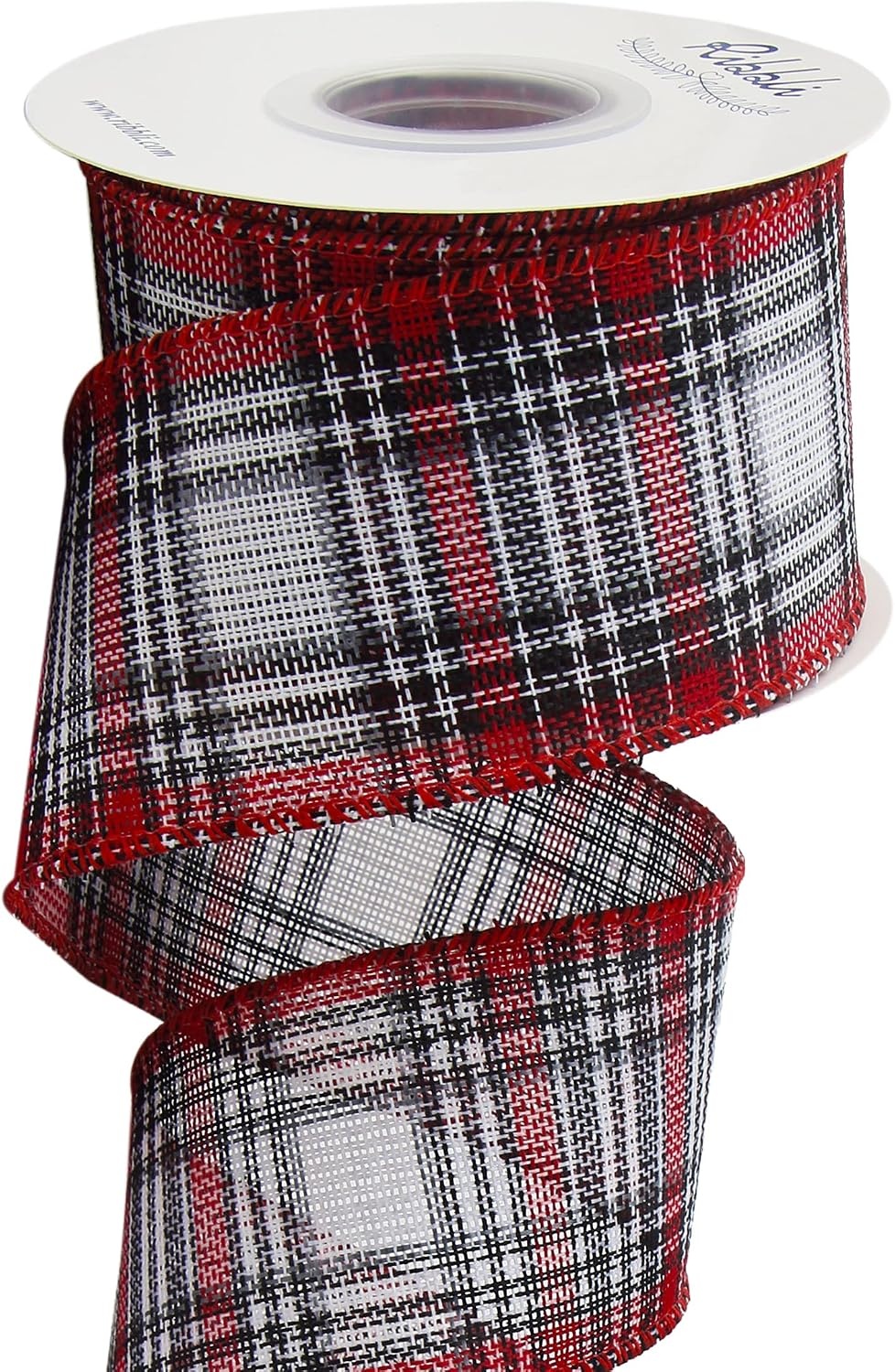 Ribbli Christmas Burlap Wired Ribbon, Buffalo Plaid with Burlap 2-1/2 Inch x Continuous 10 Yard, Christmas Ribbon for Tree, Gift Wrapping, Big Bow, Wreath-Black/White/Natural(White/Red/Black)