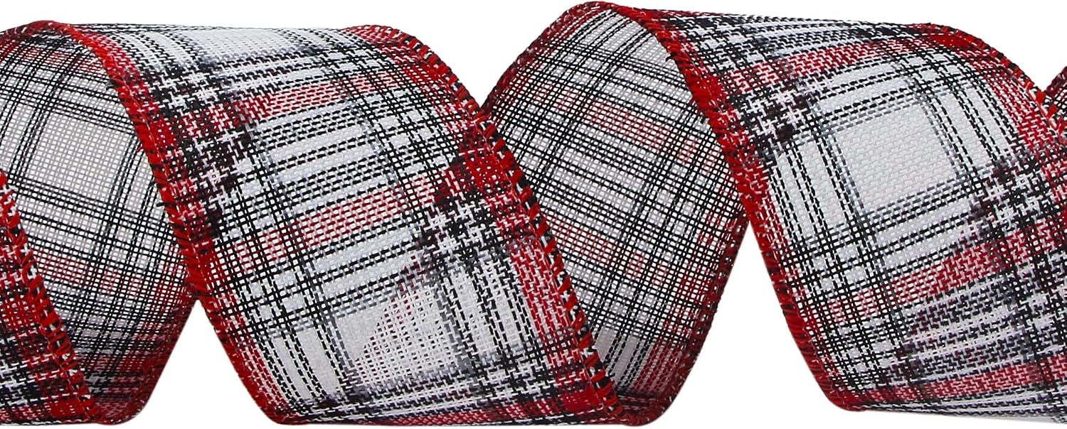 Ribbli Christmas Burlap Wired Ribbon, Buffalo Plaid with Burlap 2-1/2 Inch x Continuous 10 Yard, Christmas Ribbon for Tree, Gift Wrapping, Big Bow, Wreath-Black/White/Natural(White/Red/Black)
