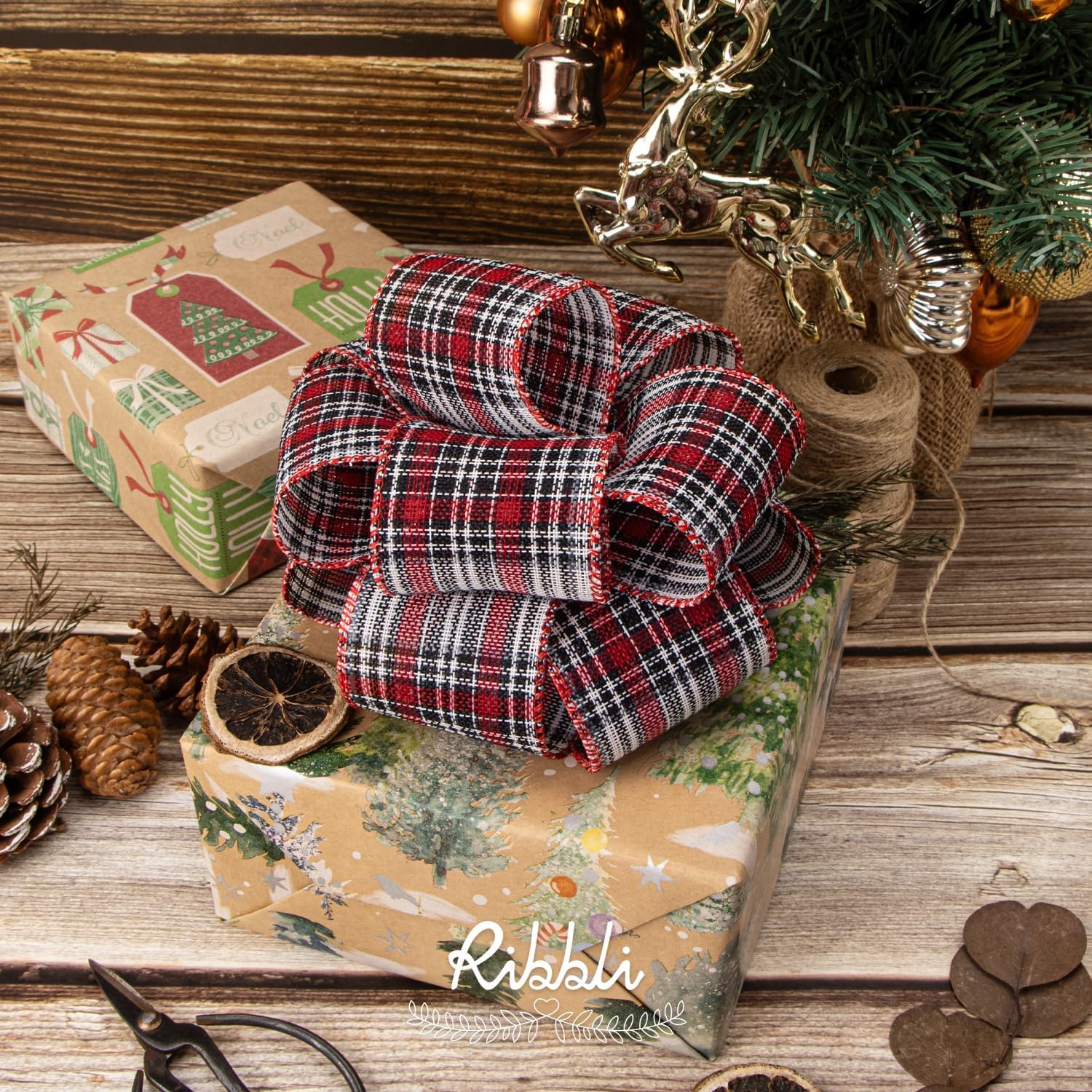 Ribbli Christmas Burlap Wired Ribbon, Buffalo Plaid with Burlap 2-1/2 Inch x Continuous 10 Yard, Christmas Ribbon for Tree, Gift Wrapping, Big Bow, Wreath-Black/White/Natural(White/Red/Black)
