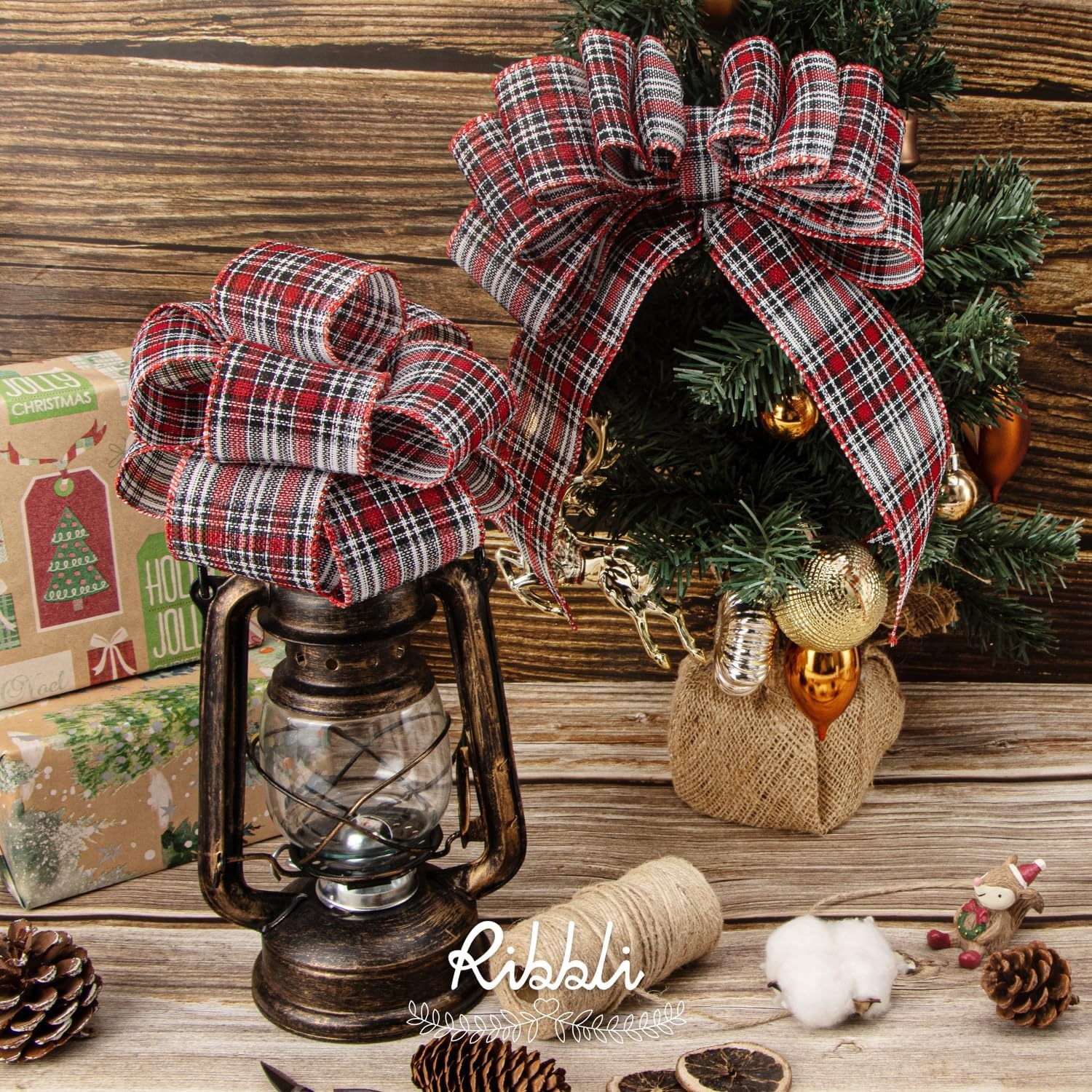 Ribbli Christmas Burlap Wired Ribbon, Buffalo Plaid with Burlap 2-1/2 Inch x Continuous 10 Yard, Christmas Ribbon for Tree, Gift Wrapping, Big Bow, Wreath-Black/White/Natural(White/Red/Black)